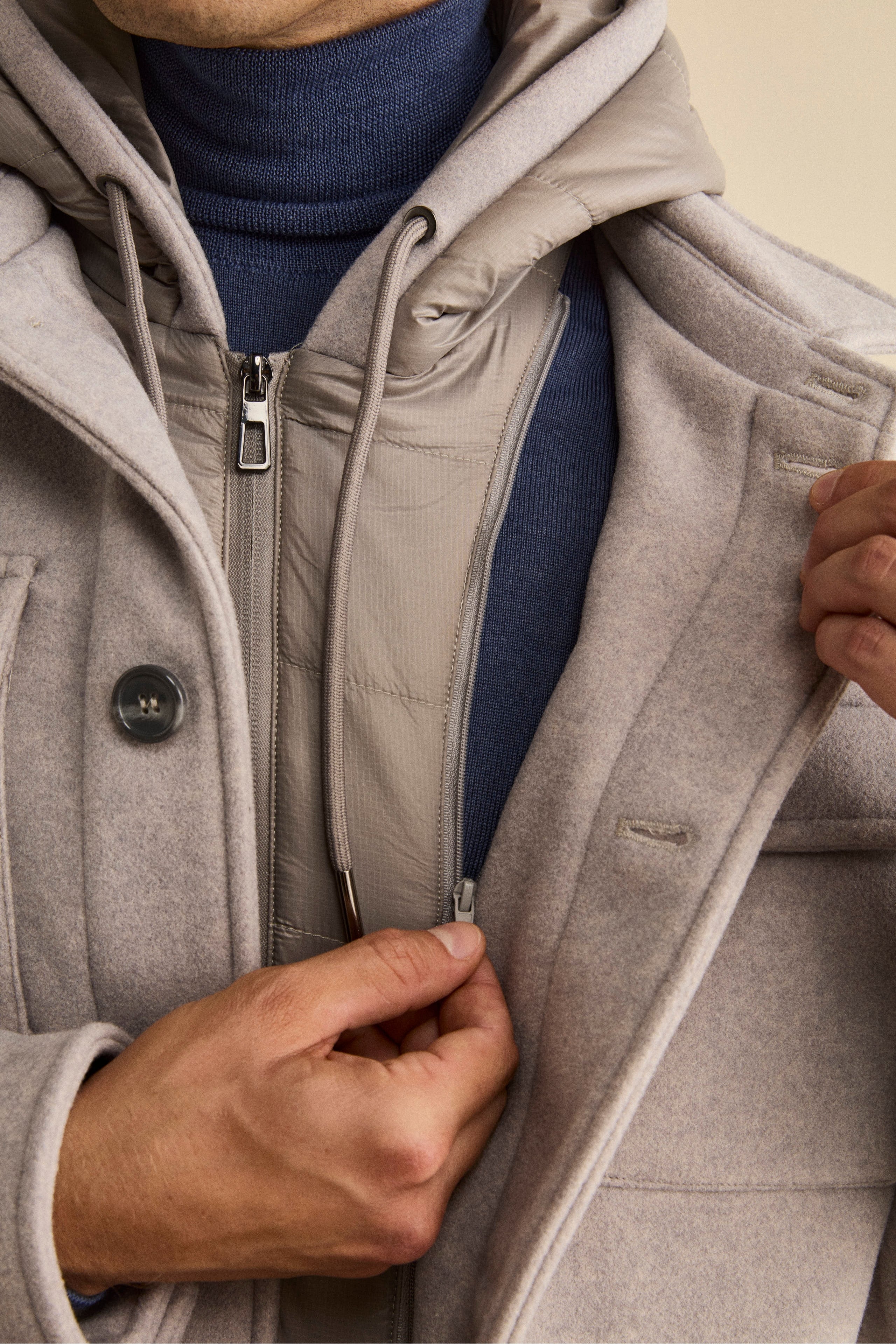 Short Wool-Blend Coat with Removable Bib - Light grey