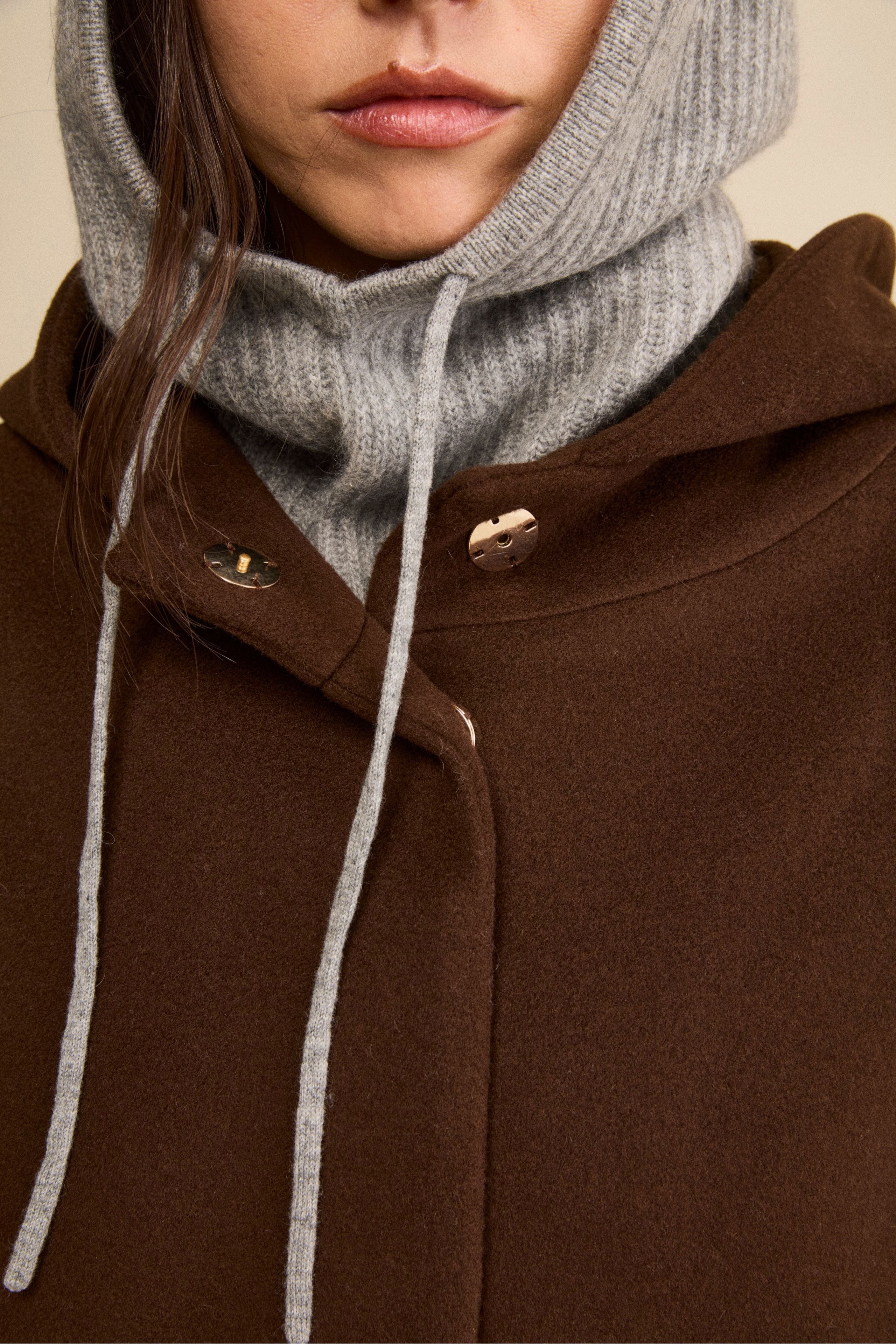 Wool and Cashmere Cape with Hood and Lining - brown