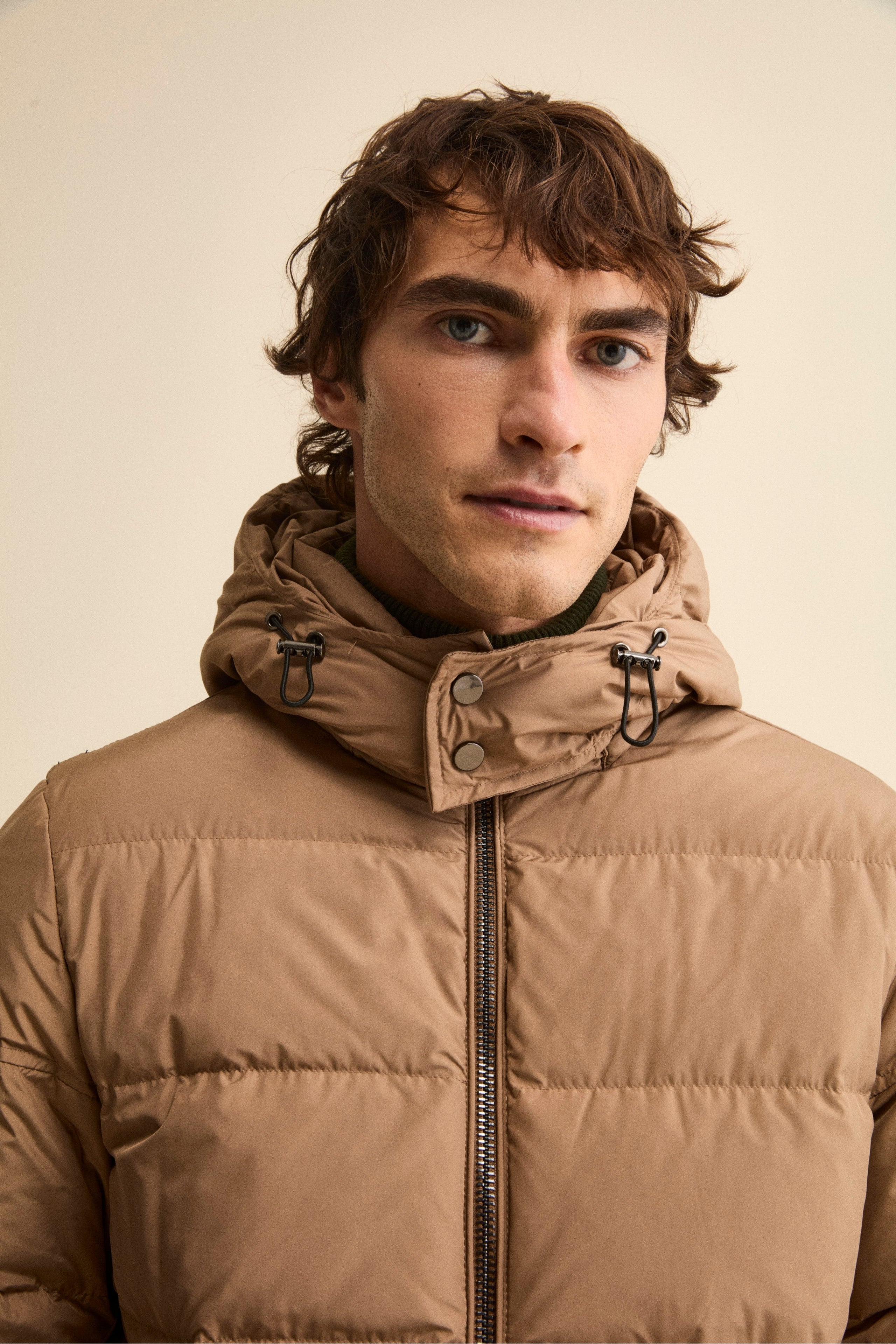 Down Jacket with Removable Hood - Camel