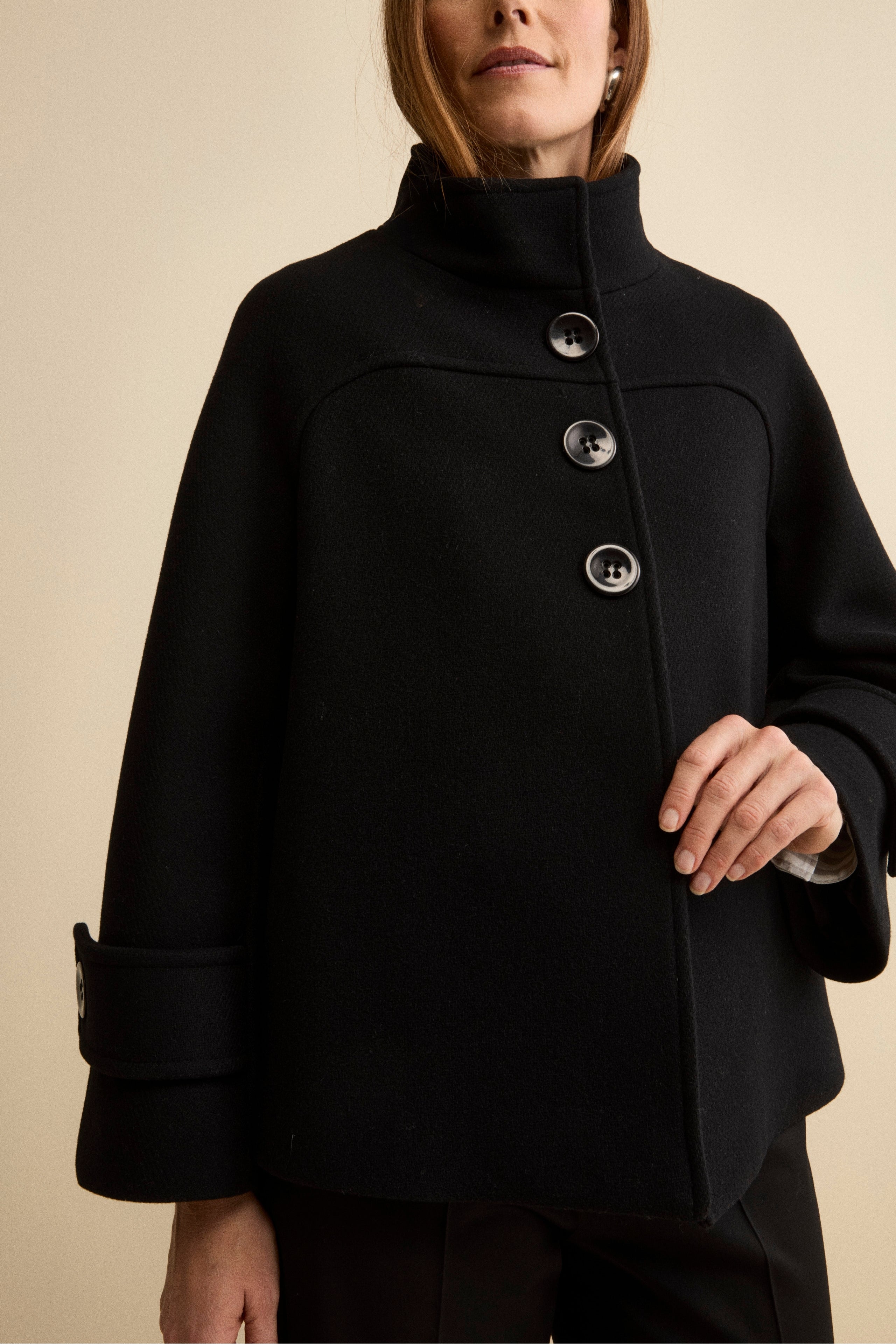 Short Wool Blend Coat with Bell Sleeves - BLACK
