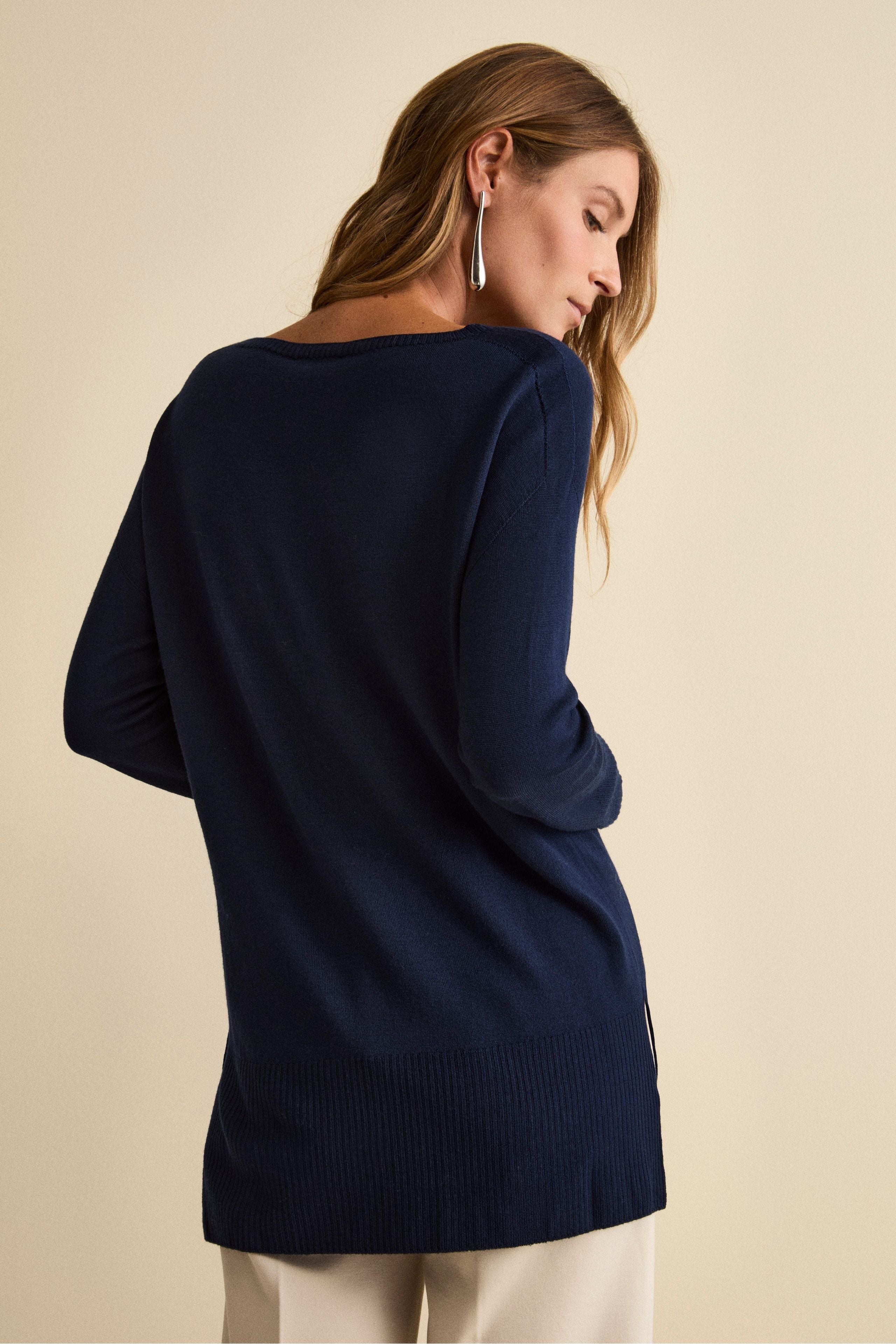Long Merino Wool Crewneck Sweater - Navy blue