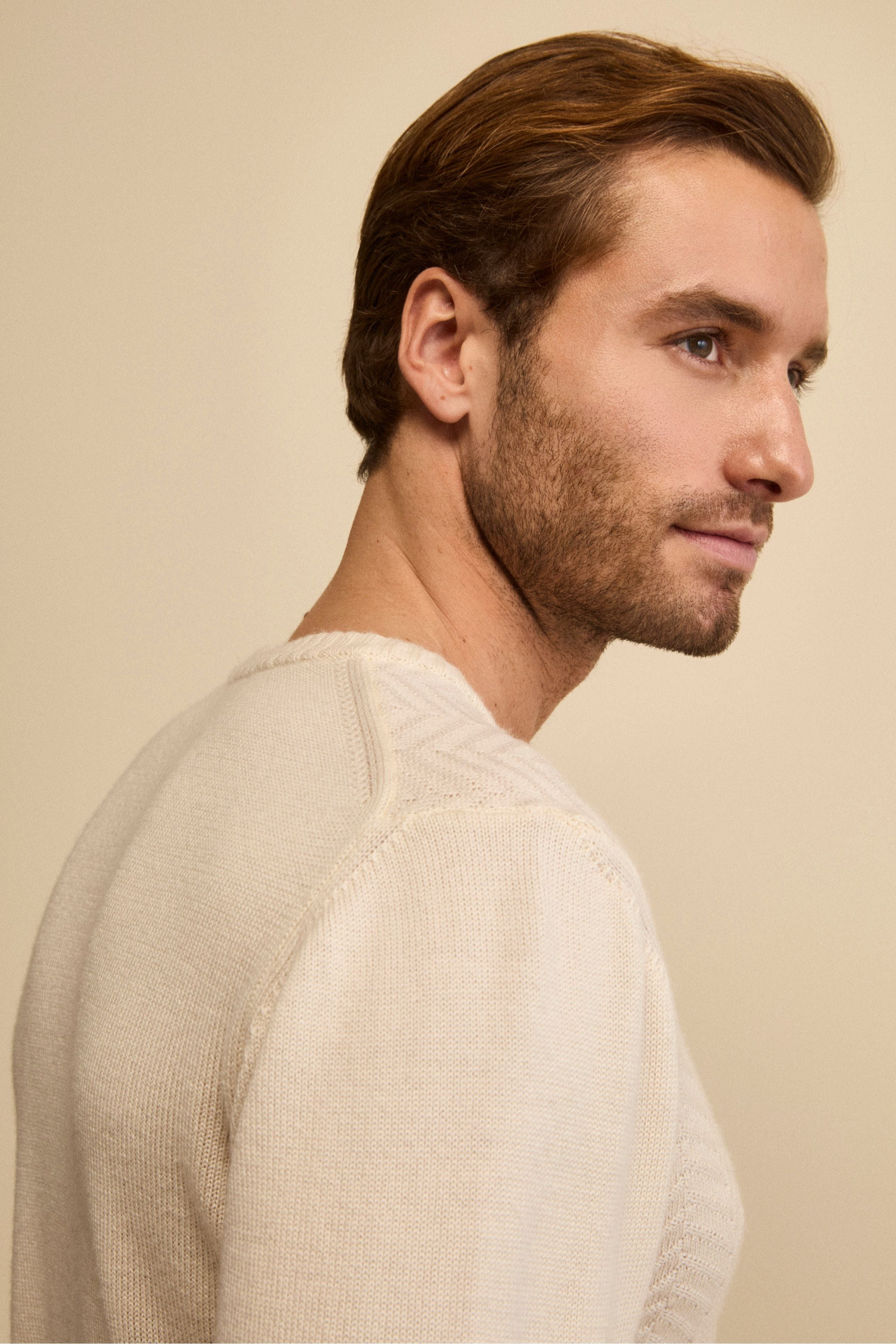 Fisherman’s Rib Crewneck in Merino Wool - Butter white