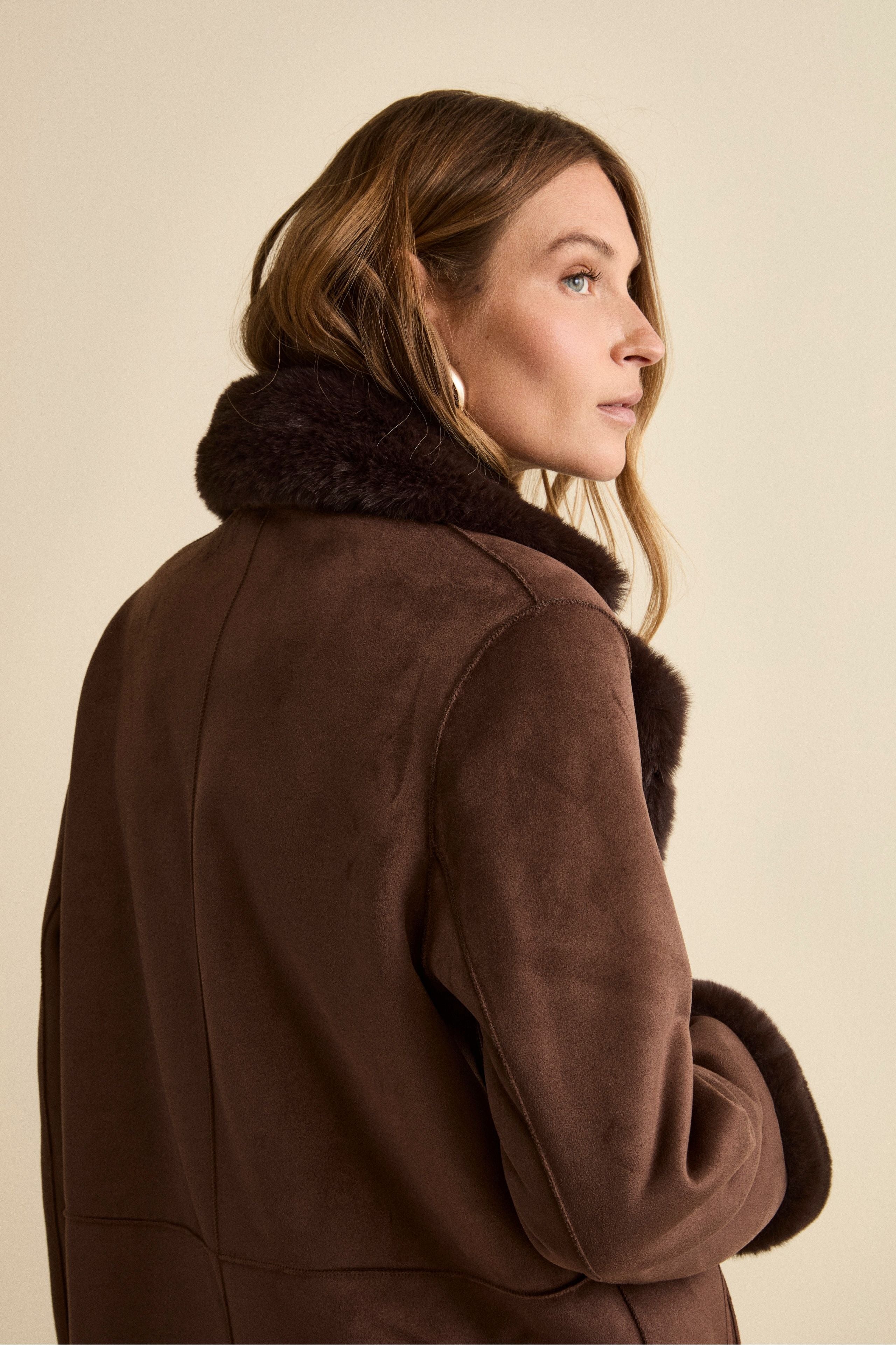 Midi Eco-Shearling Coat - Dark brown