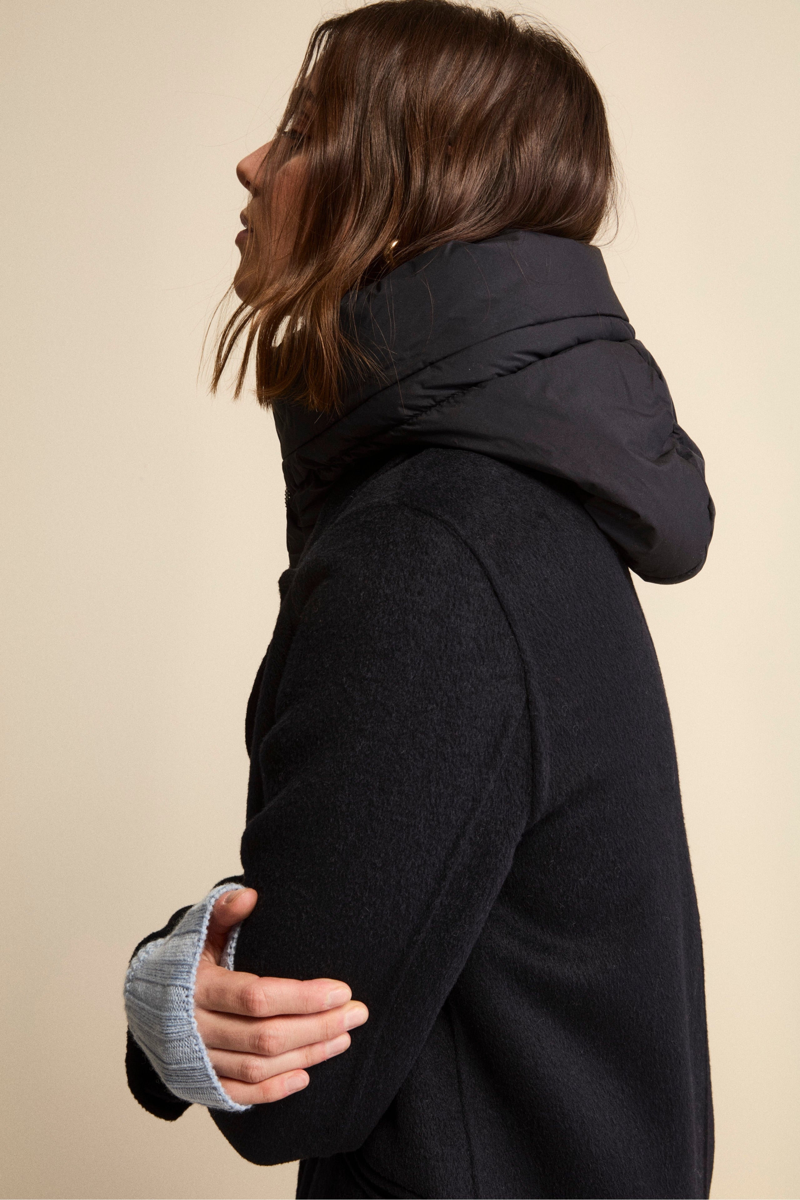 Long Wool-Blend Coat with Detachable Bib and Hood - BLUE