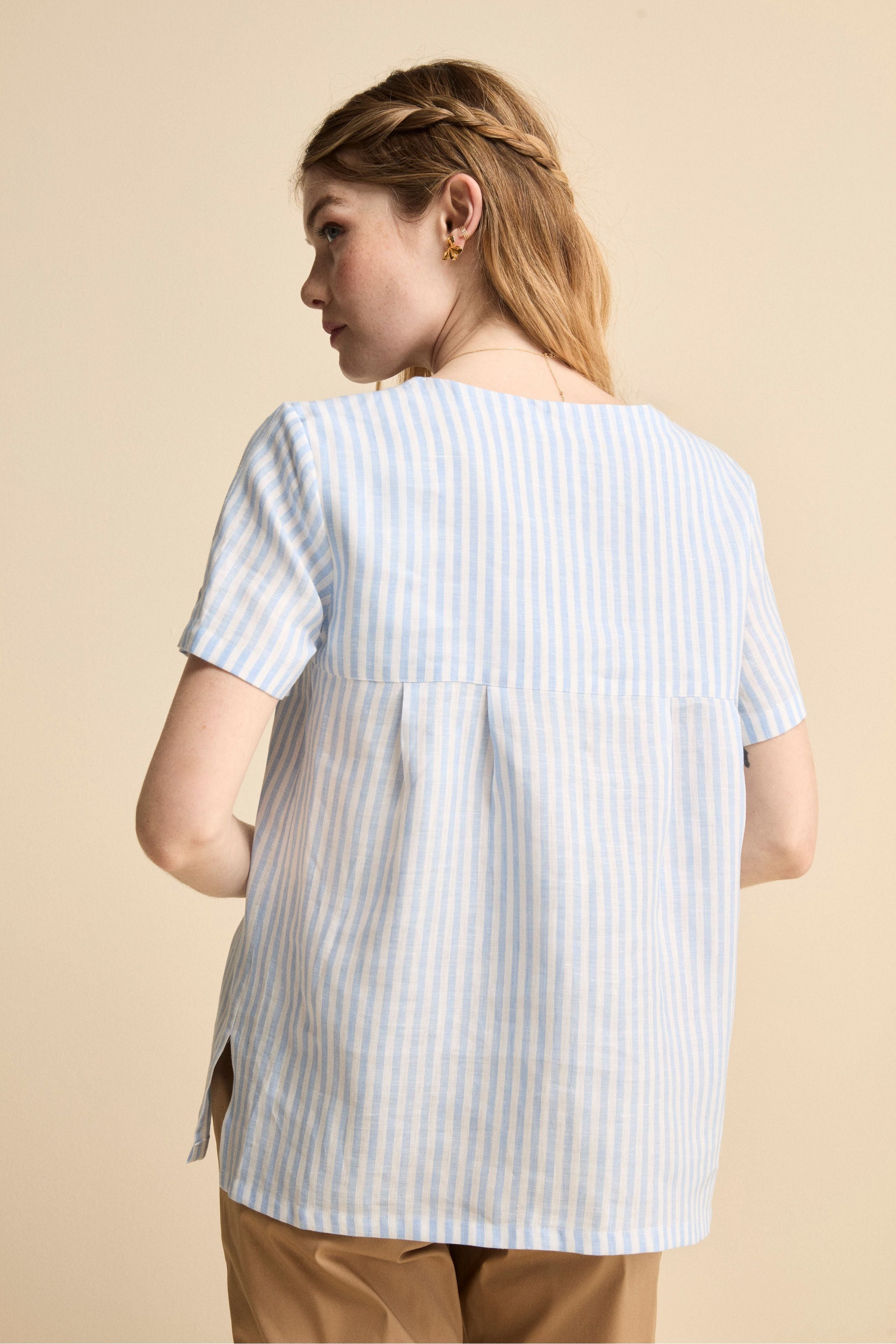 Blusa Over Girocollo in Lino - AZZURRO RIGATO