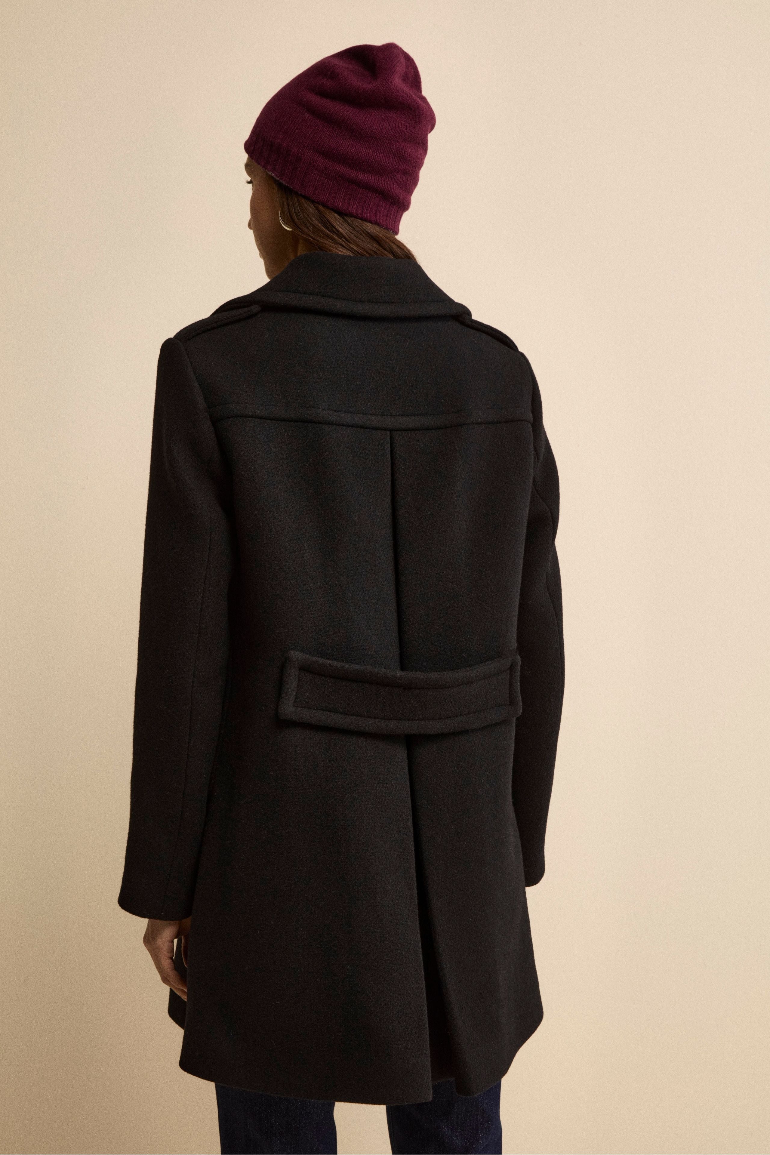 Midi Double-Breasted Virgin Wool Coat with Martingale - BLACK