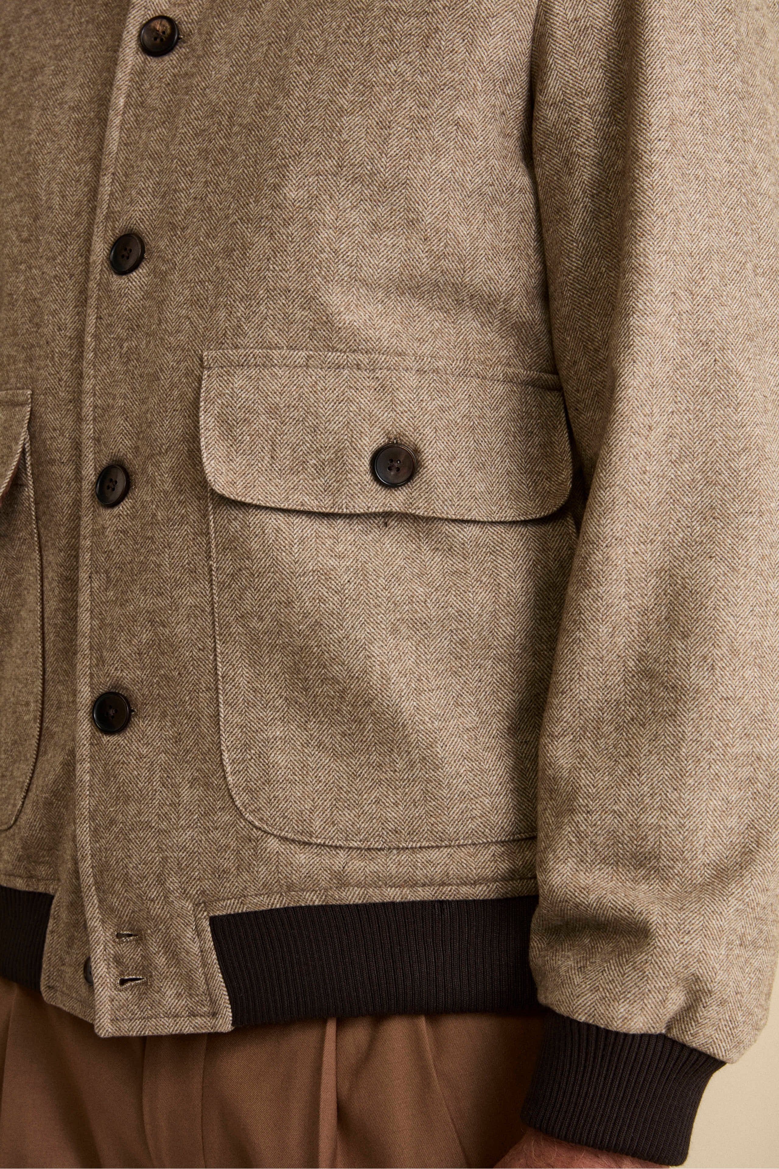 Herringbone Bomber with Pockets in Wool Blend - Brown herringbone