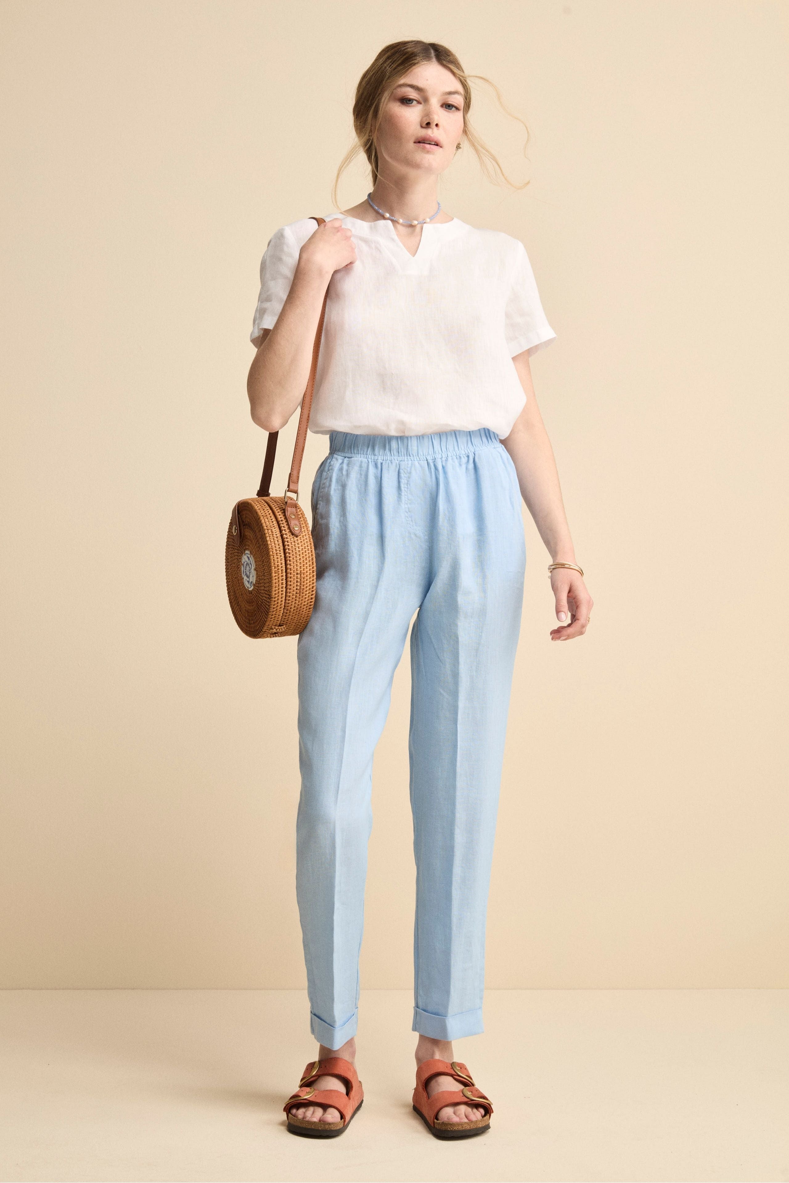 Pantalone Morbido in Lino con Risvolto - AZZURRO