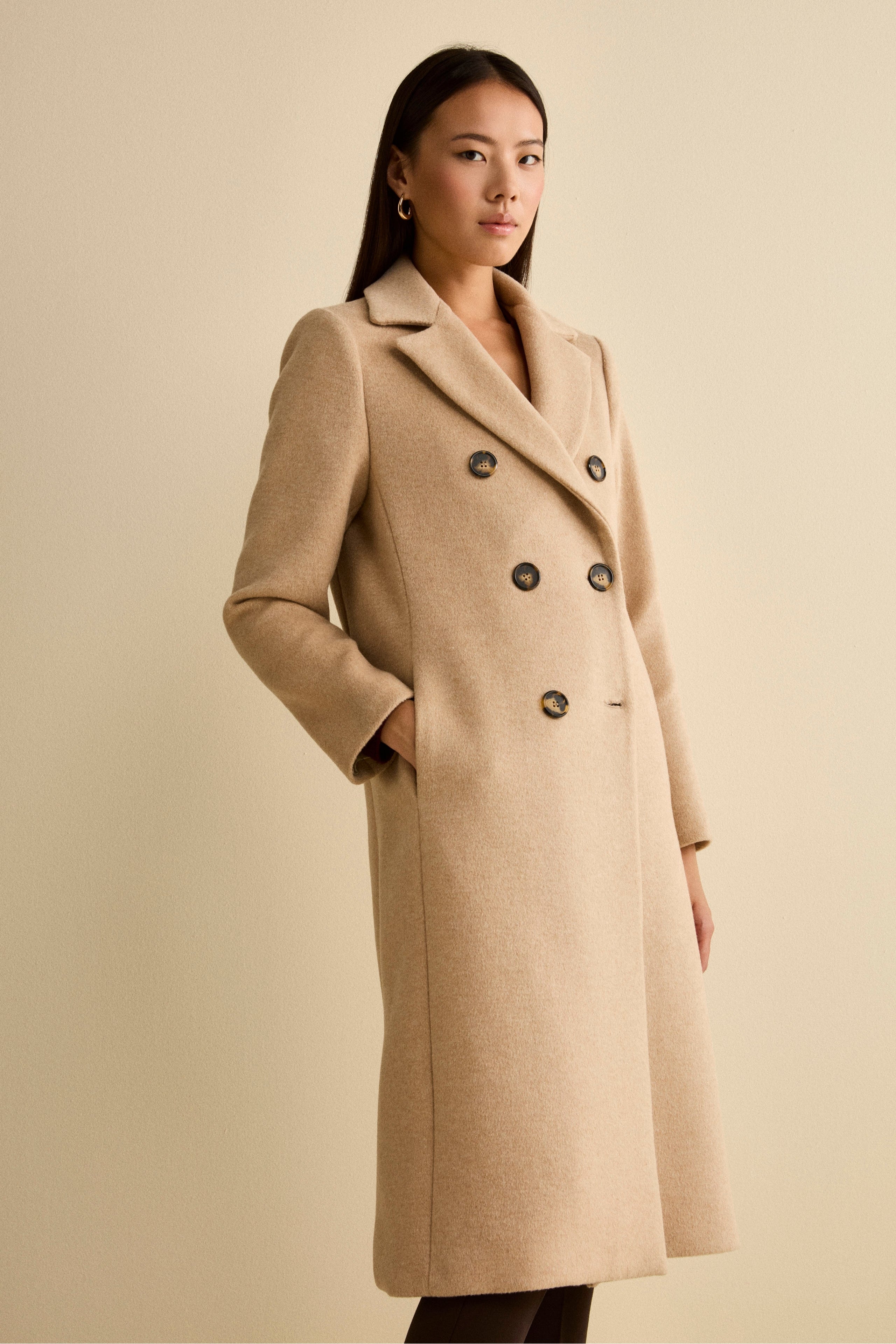 Long Double-Breasted Lined Coat in Wool Blend - CREAM
