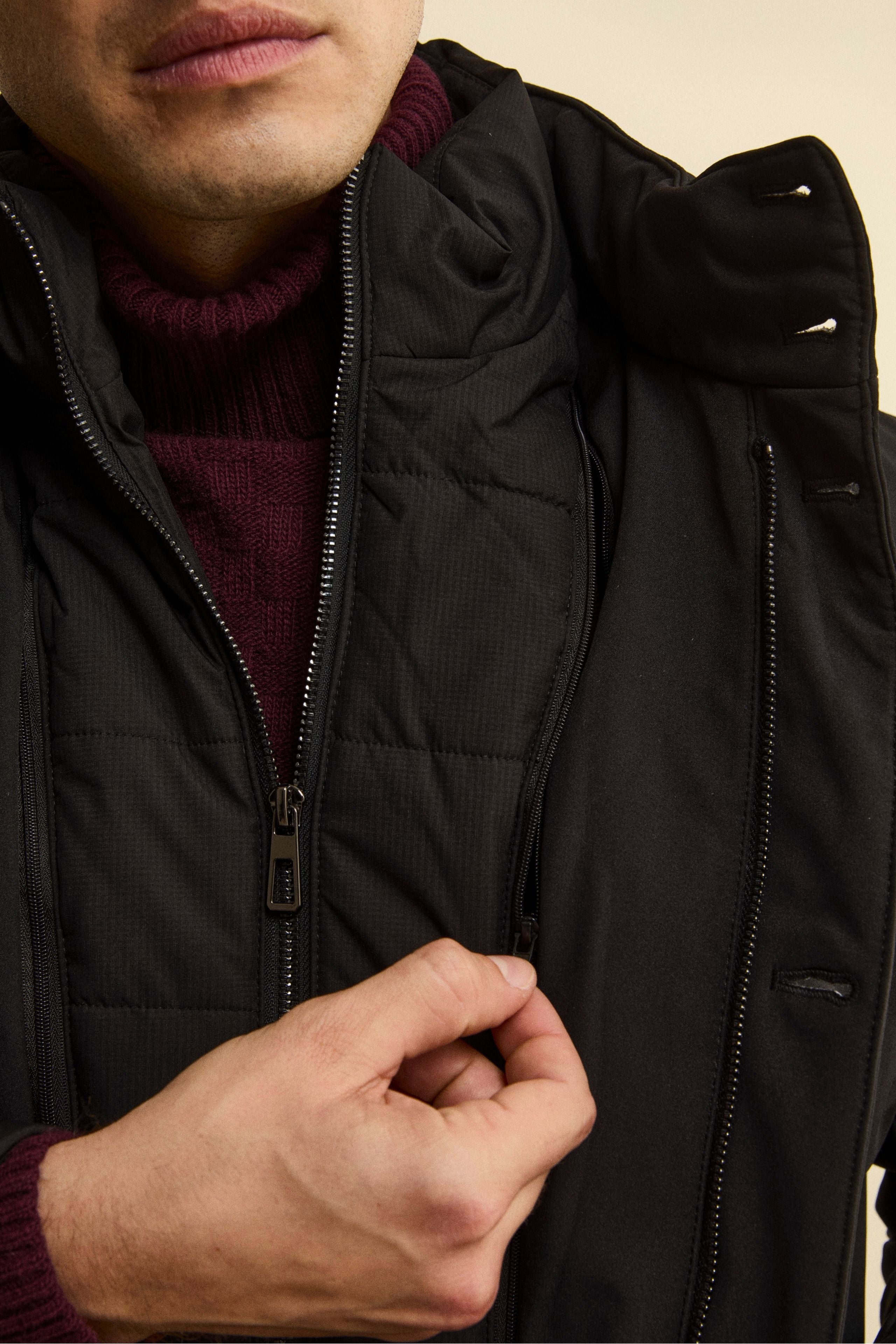 Winter Coat with Removable Bib and Detachable Hood - BLACK