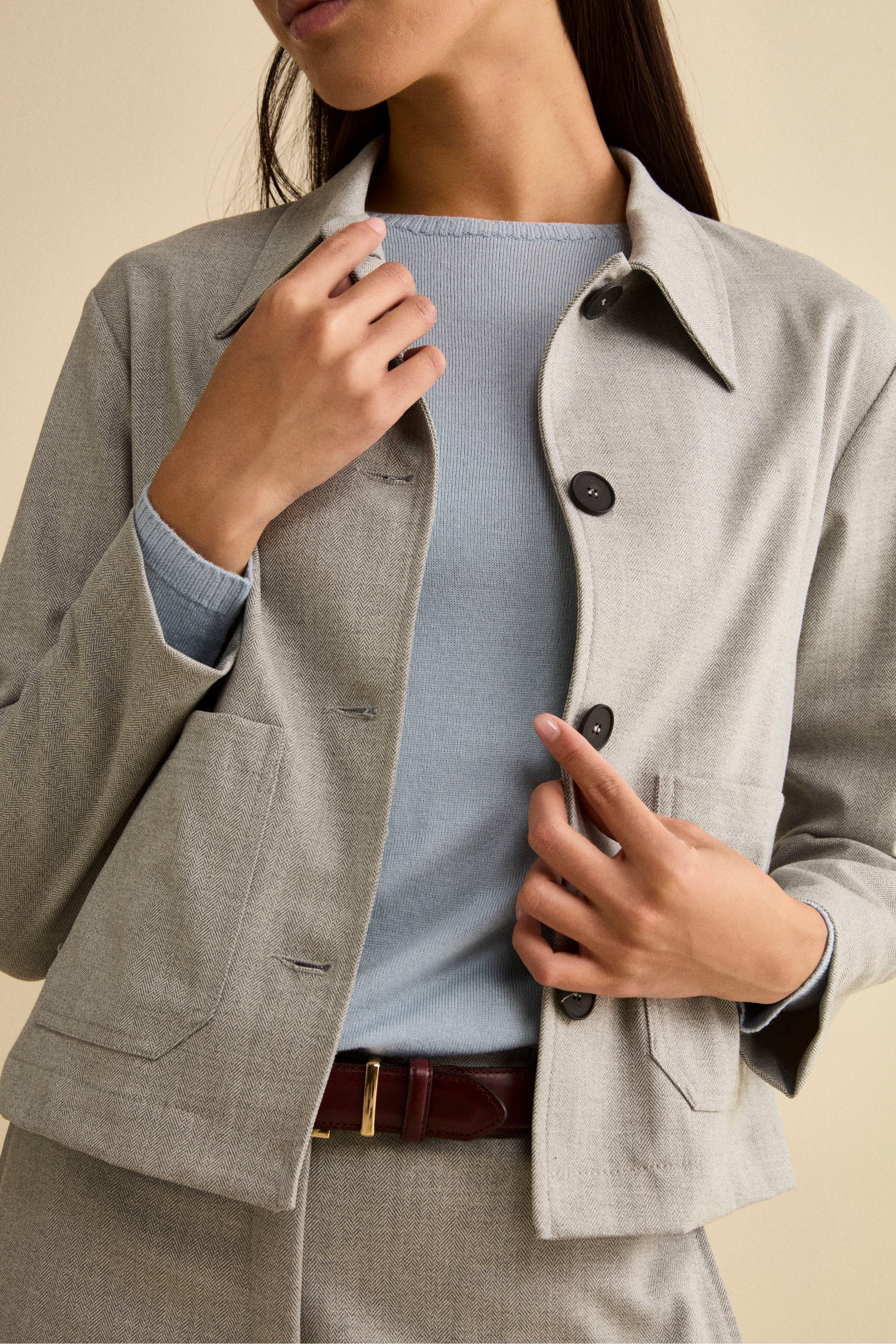 Short Herringbone Overshirt Jacket - Grey herringbone