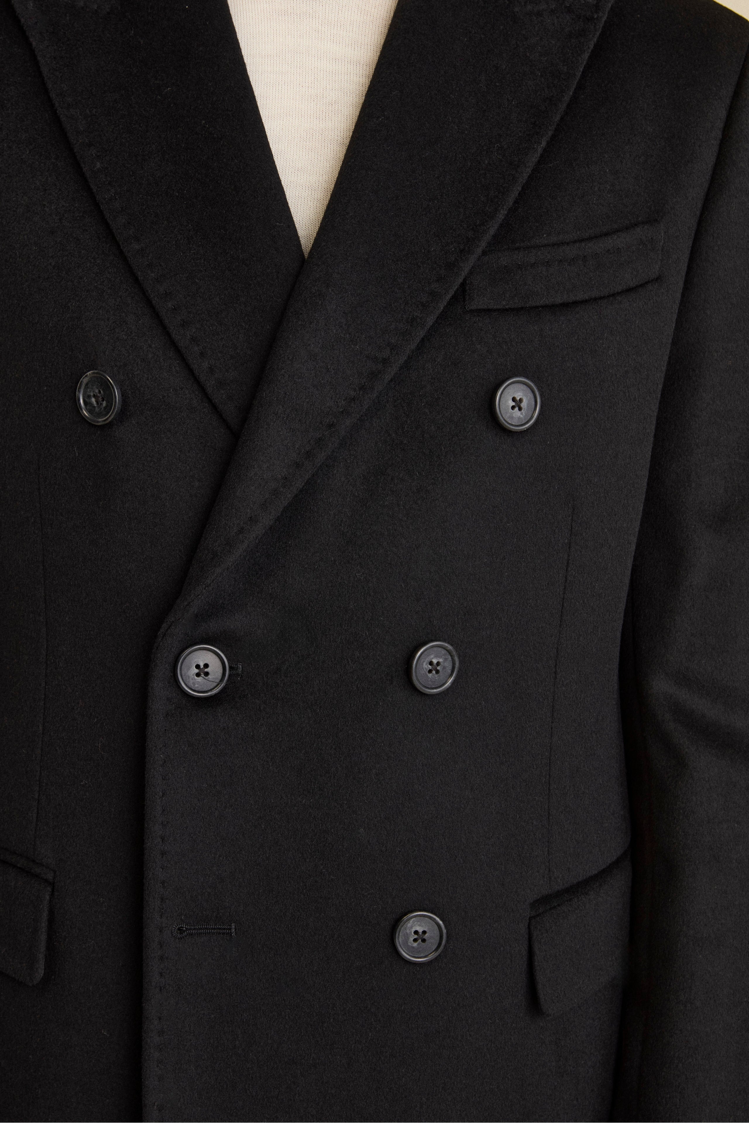 Midi Double-Breasted Coat in Wool and Cashmere Blend with Half-Belt - BLACK