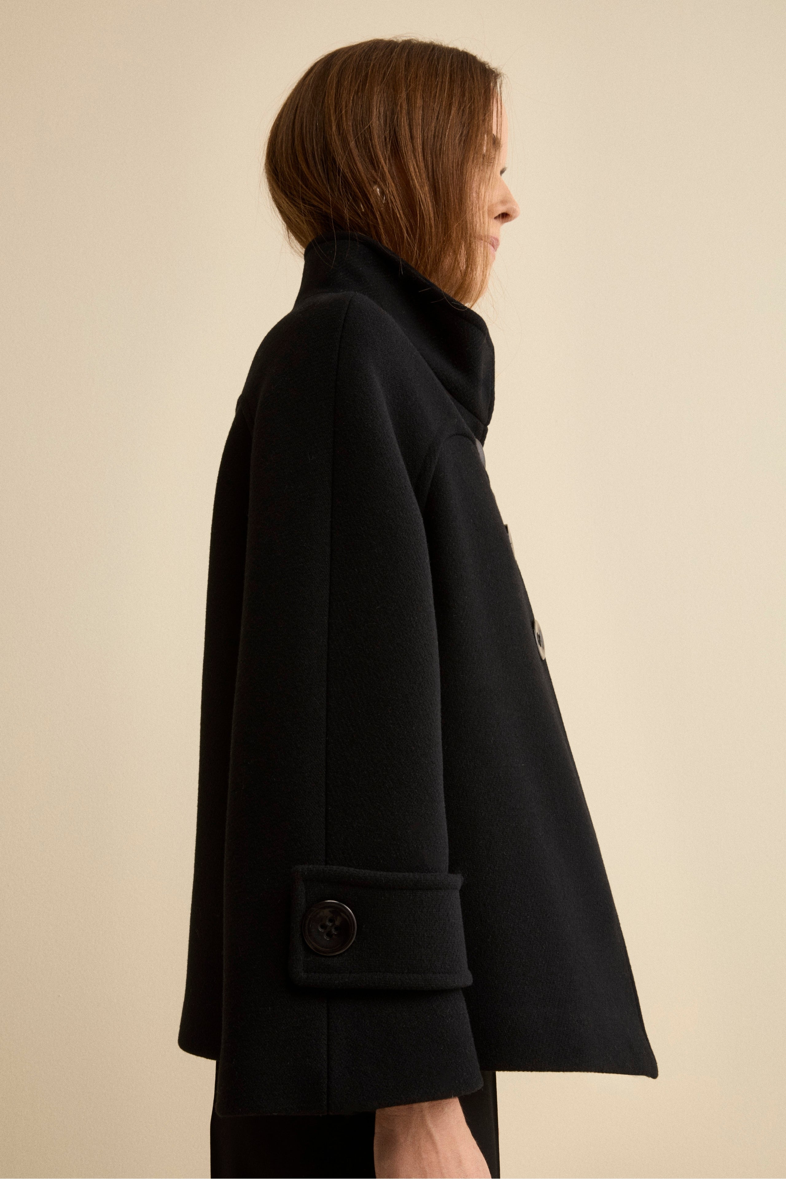 Short Wool Blend Coat with Bell Sleeves - BLACK