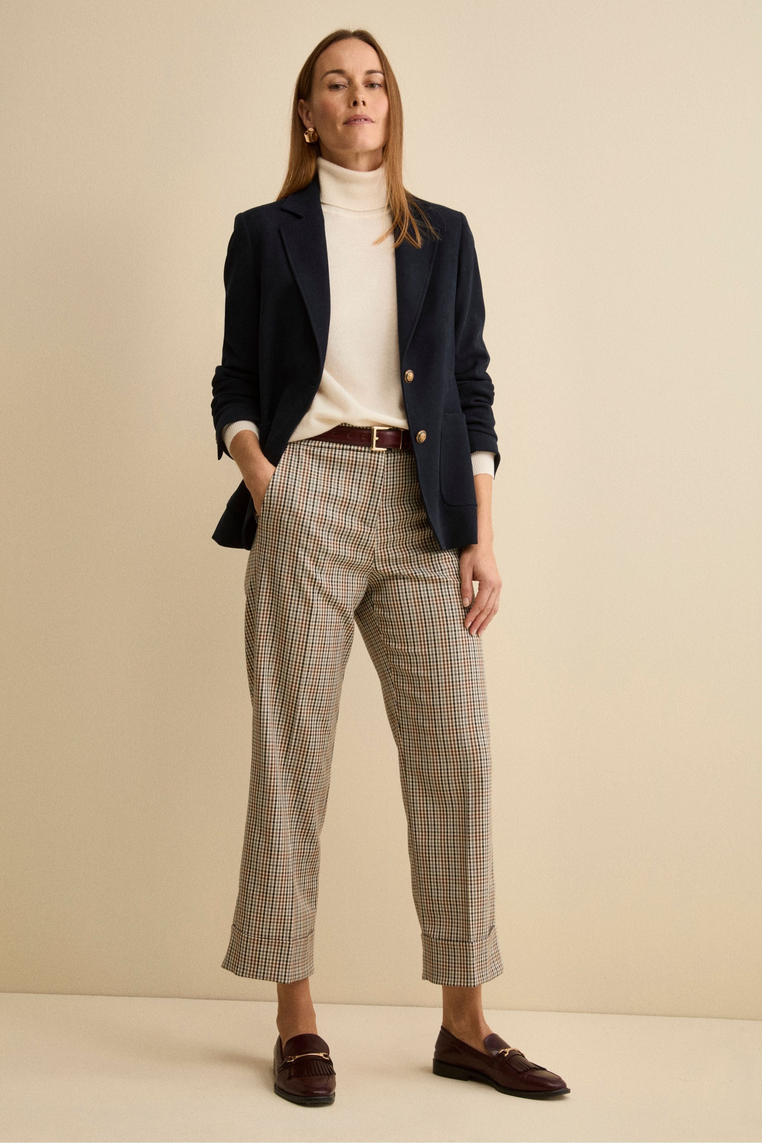 Checked Straight-Fit Trousers with Cuffed Hem - Beige check