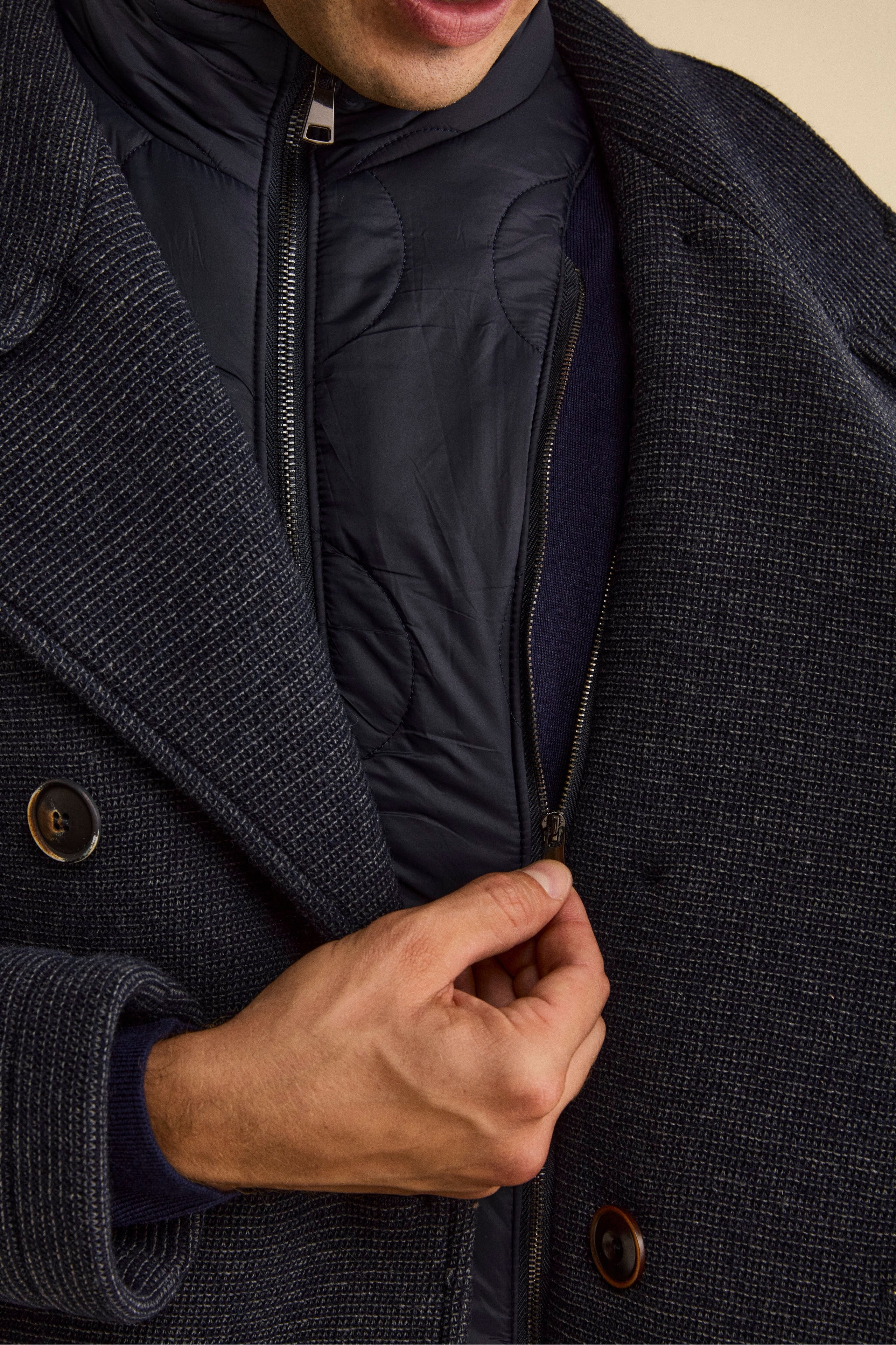 Wool-Blend Double-Breasted Peacoat with Bib - Blue melange