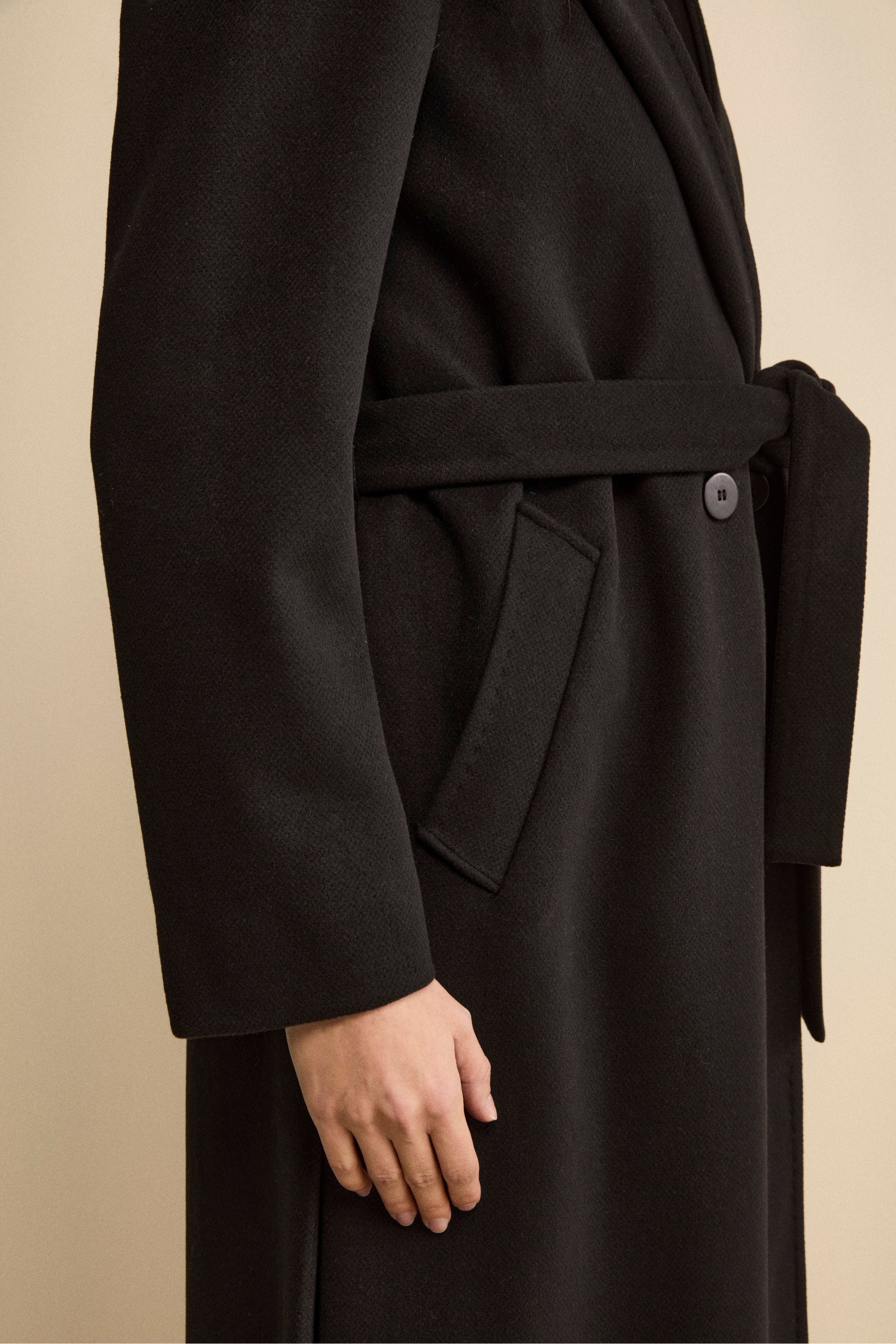 Long Belted Coat with Hood - BLACK