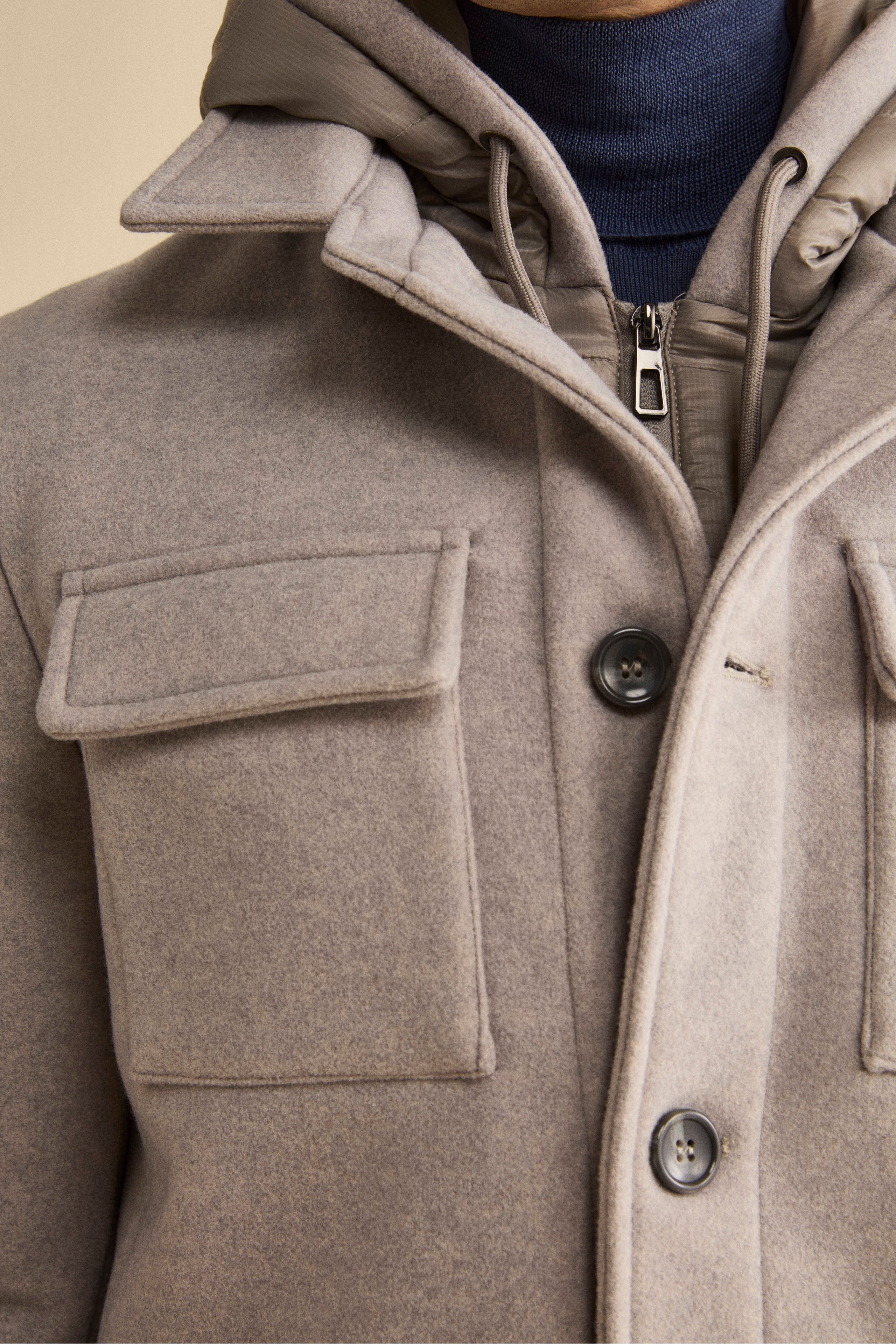 Short Wool-Blend Coat with Removable Bib - Light grey