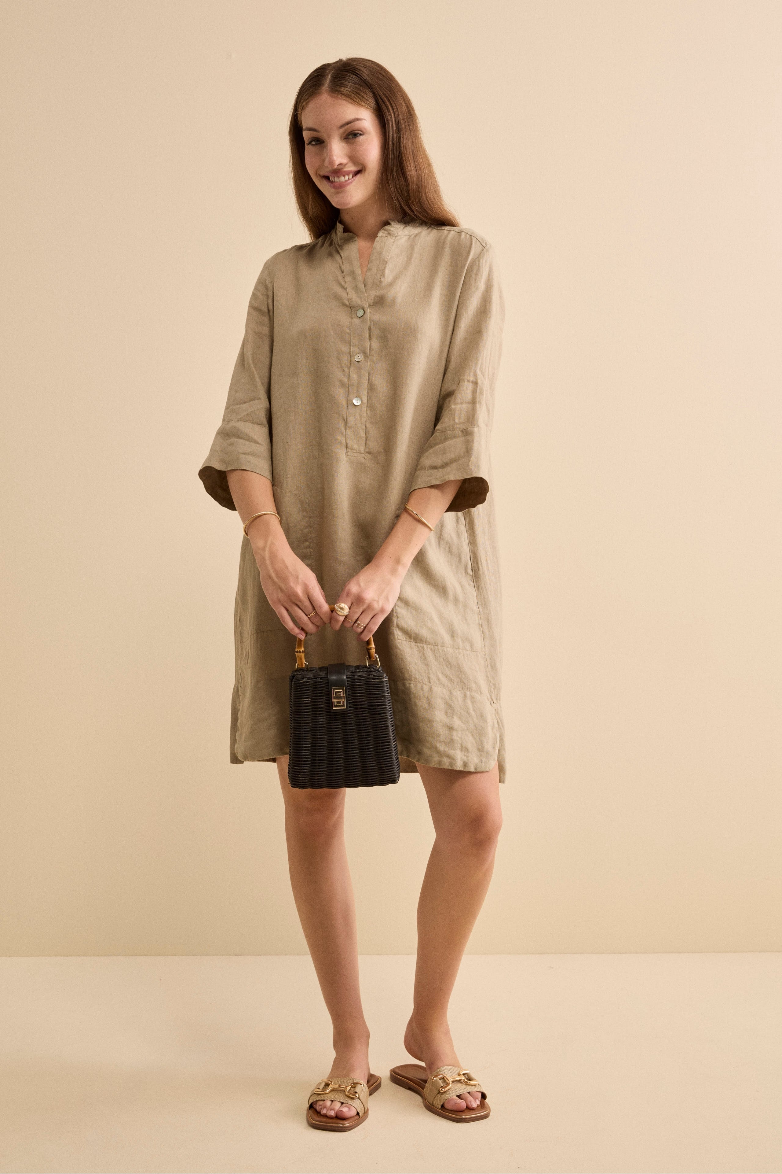 Abito Chemisier Midi in Lino con Collo Coreana - TORTORA