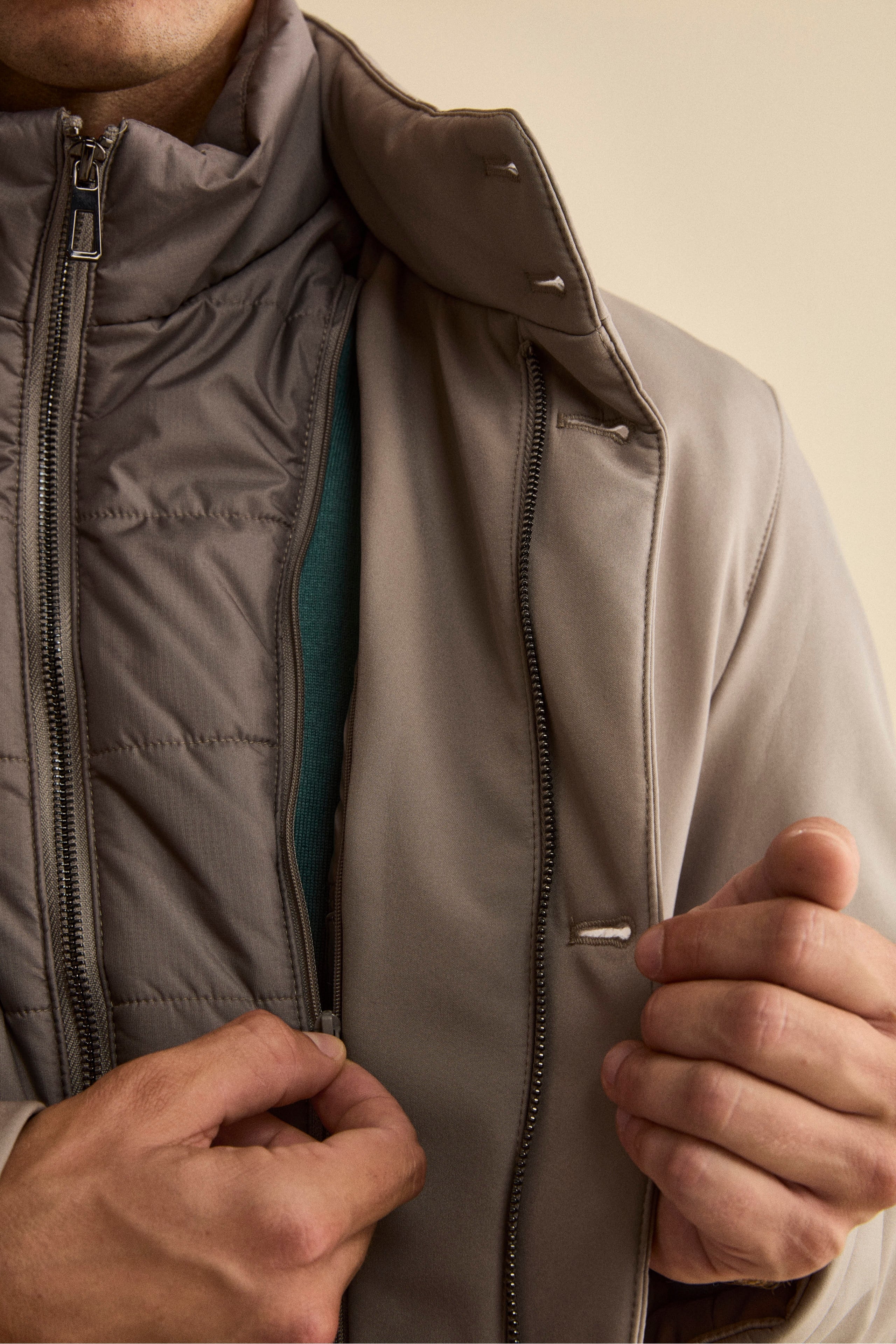 Winter Coat with Removable Bib and Detachable Hood - Sand brown