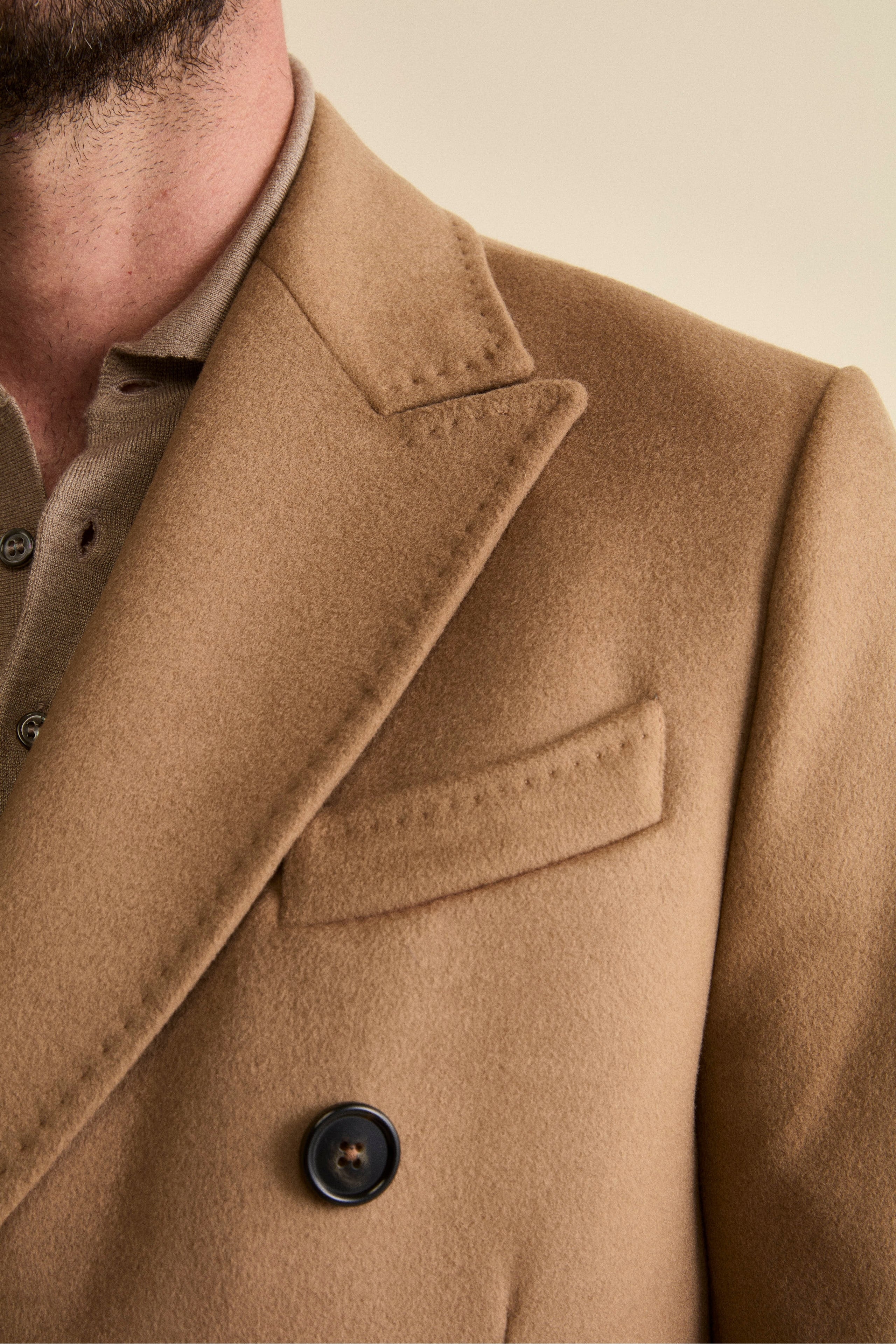 Midi Double-Breasted Coat in Wool and Cashmere Blend with Half-Belt - Camel