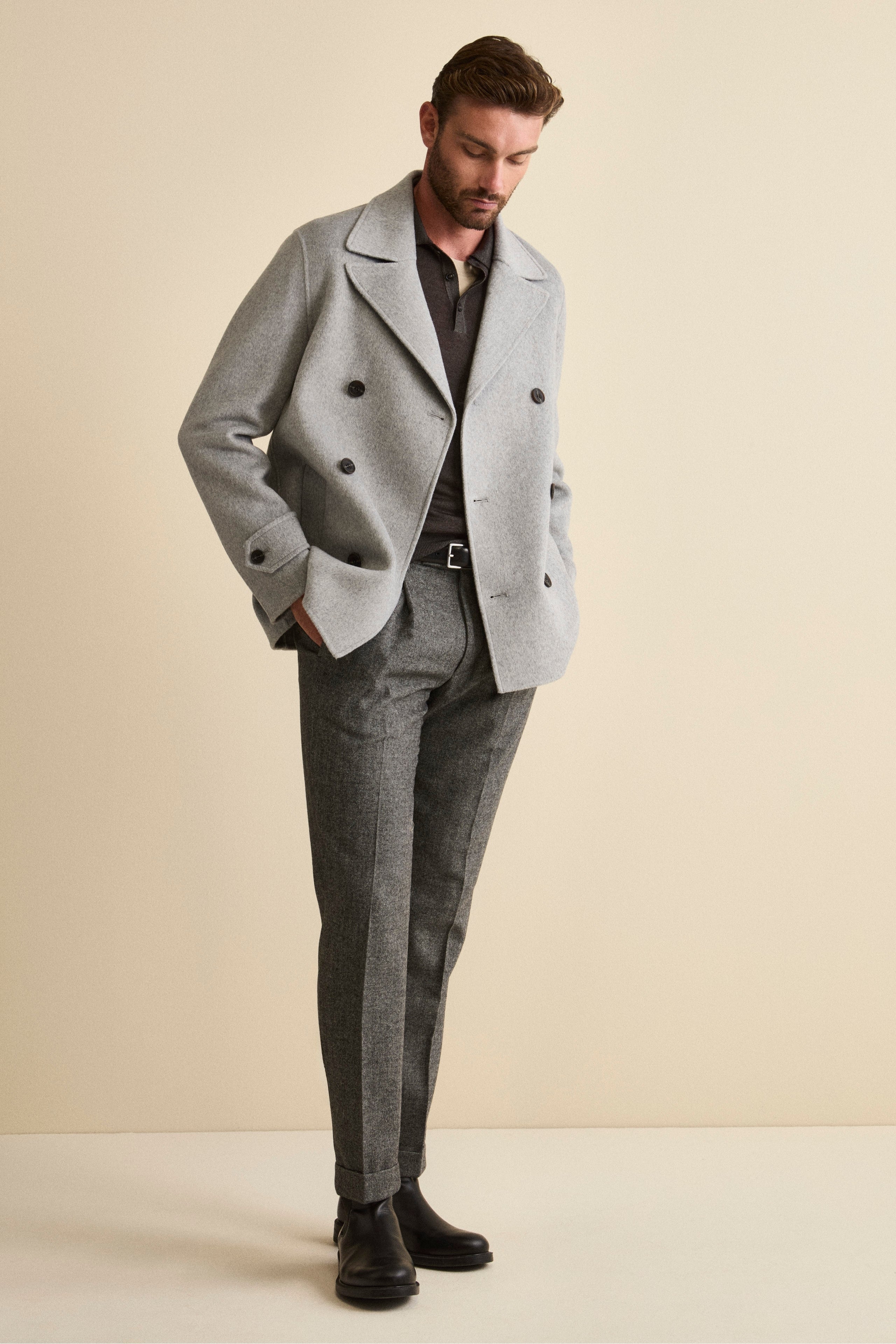 Double-Breasted Peacoat in Wool Blend - Light grey