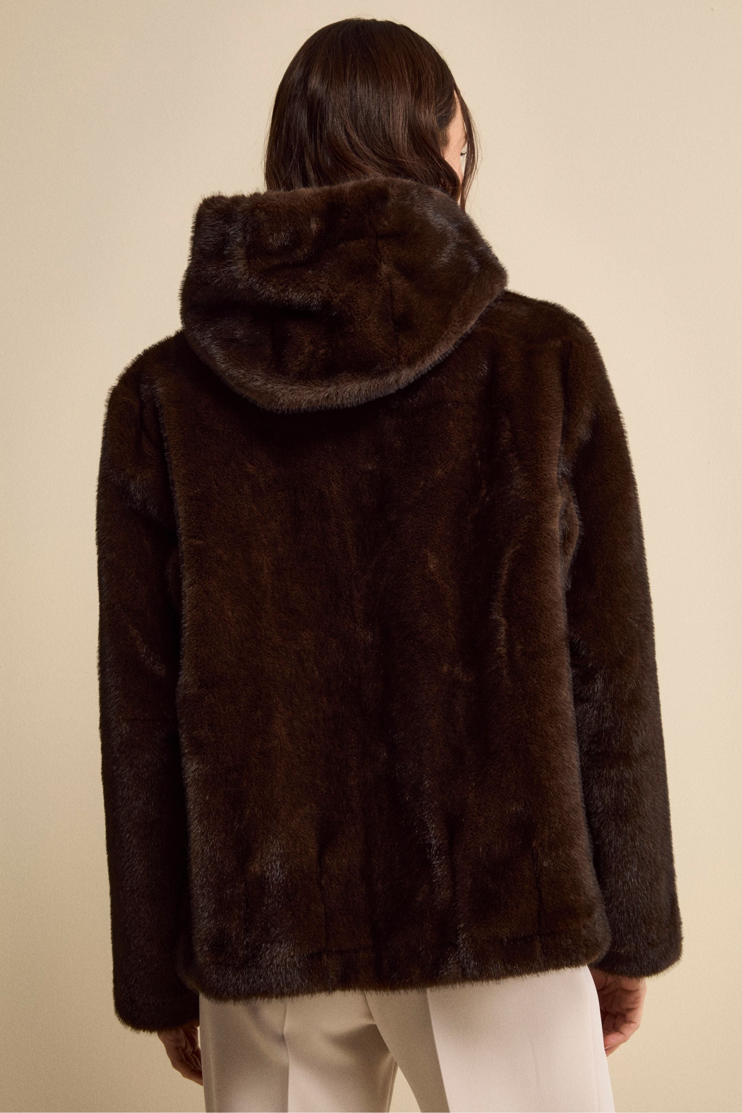 Fur Jacket with Zip and Hood - Dark brown