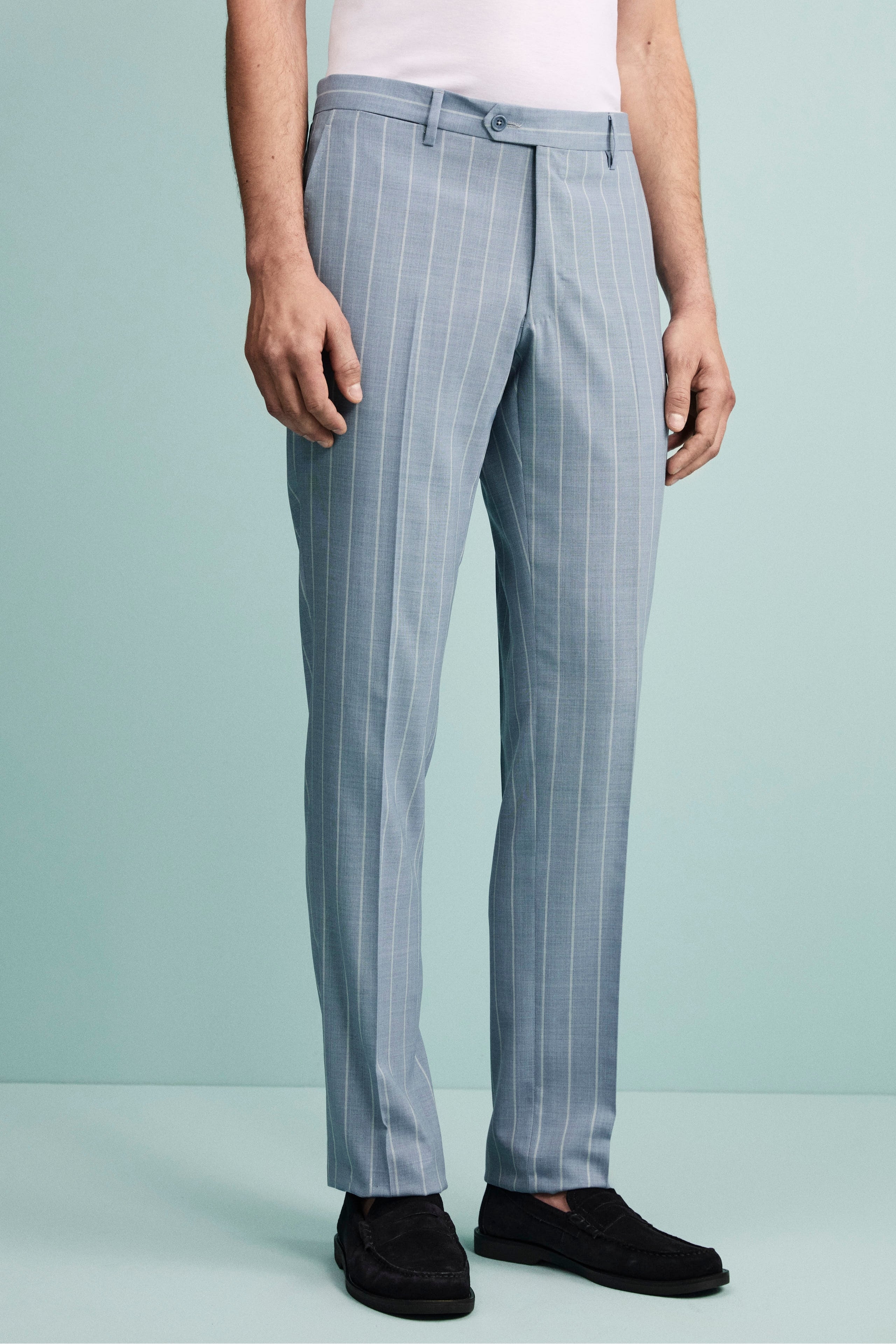 Abito Gessato Monopetto Slim Fit in Lana Vergine - AZZURRO RIGATO