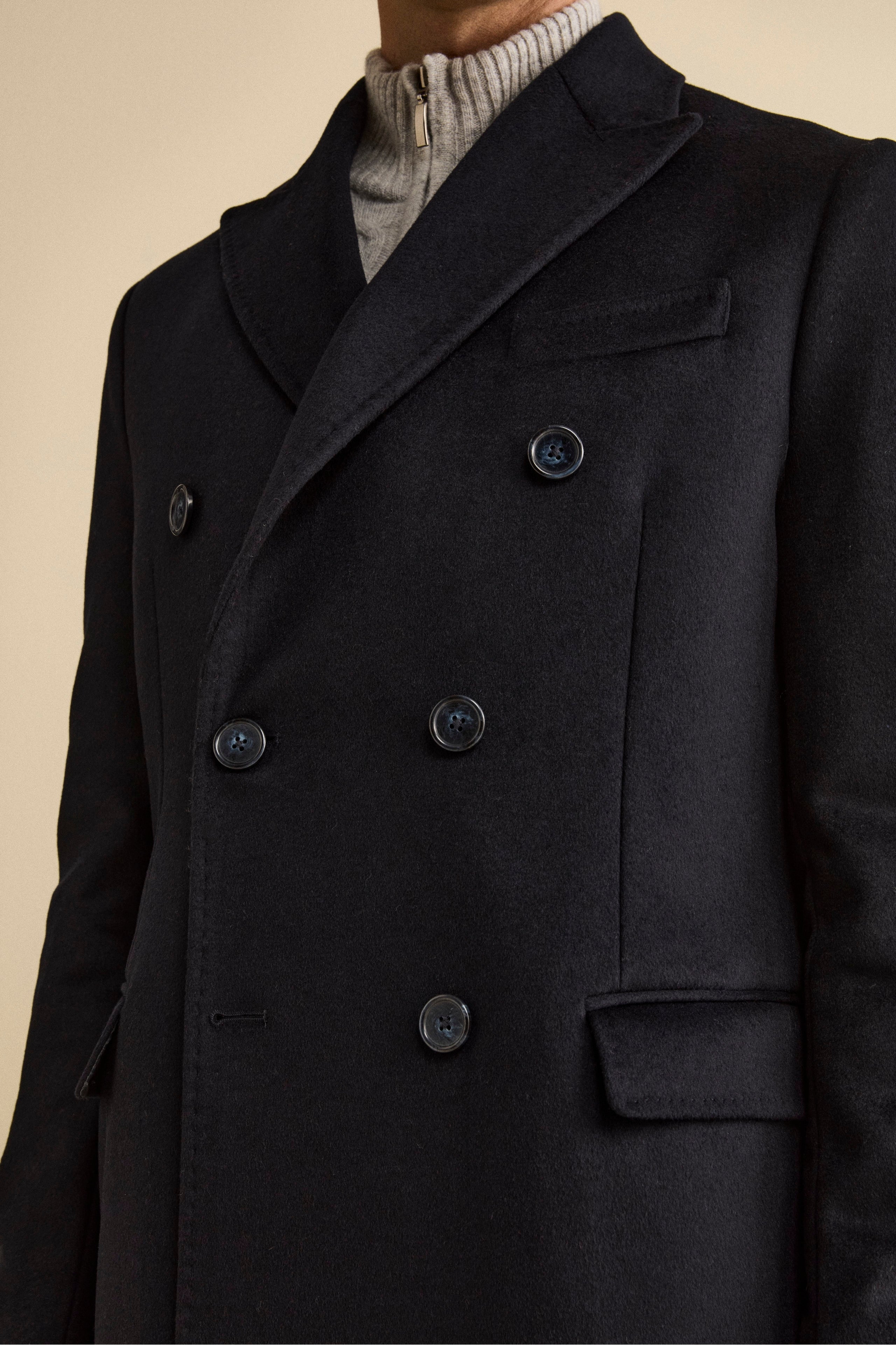 Midi Double-Breasted Coat in Wool and Cashmere Blend with Half-Belt - BLUE