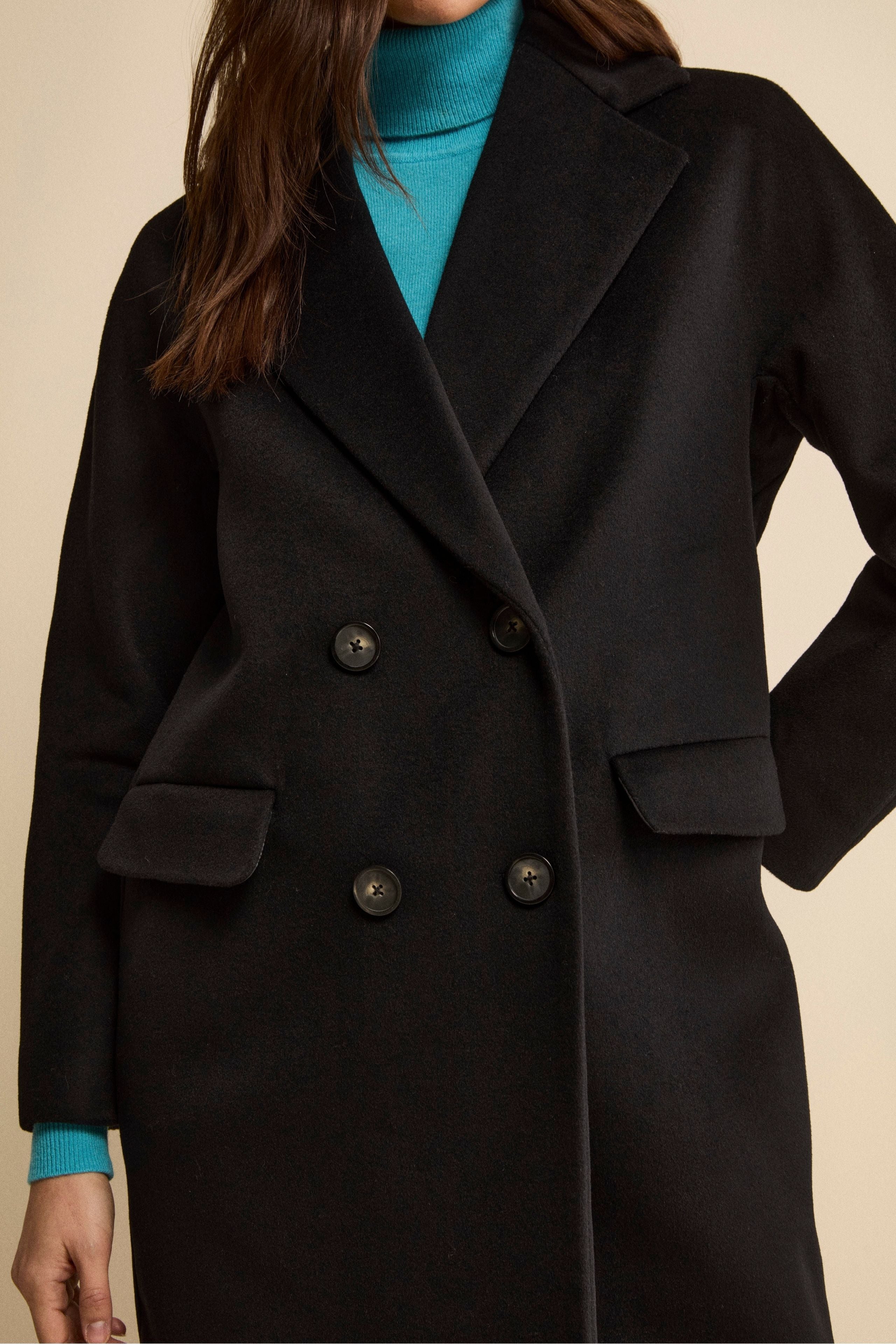 Midi Double-Breasted Coat in Wool and Cashmere Blend - BLACK