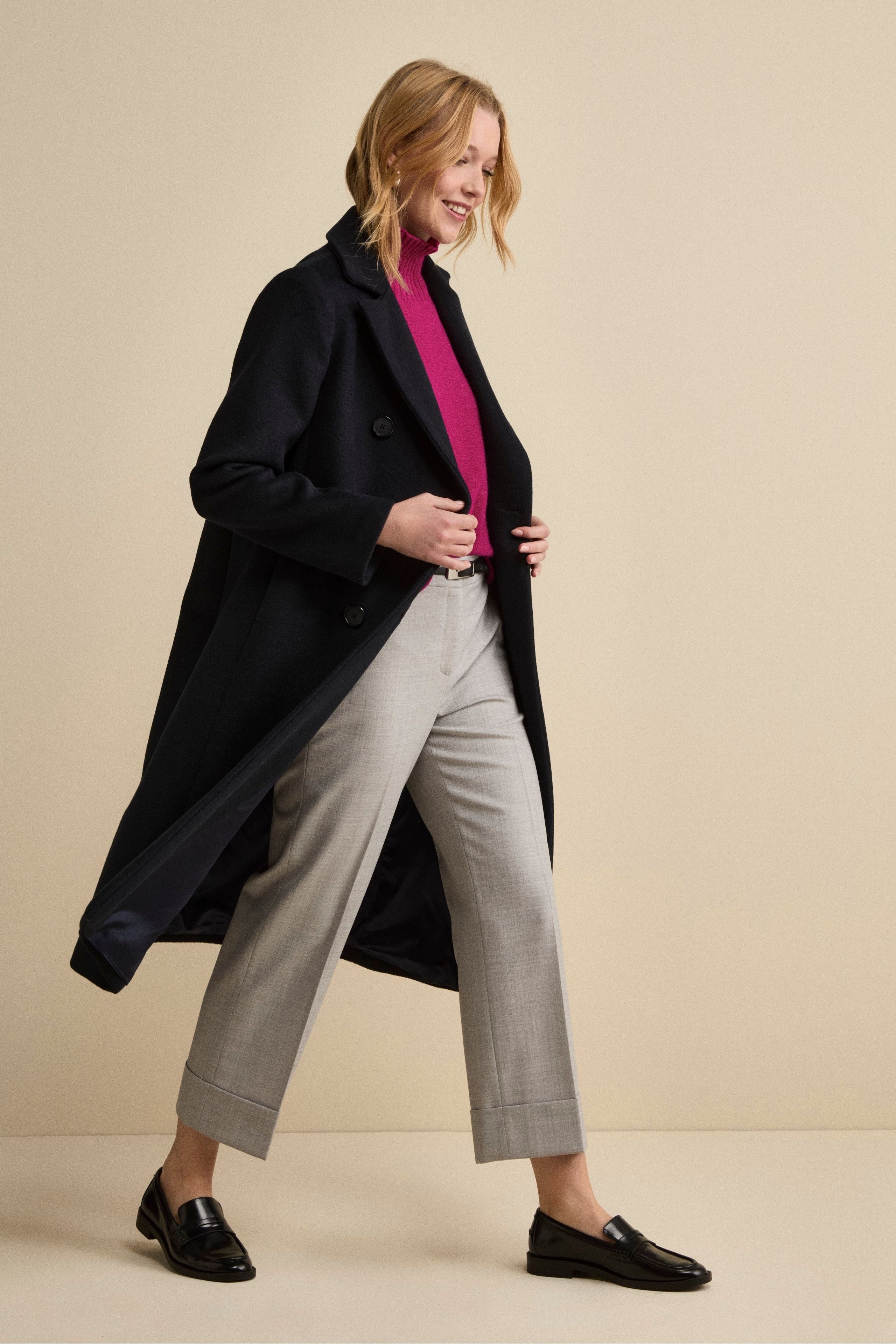 Long Double-Breasted Lined Coat in Wool Blend - BLUE