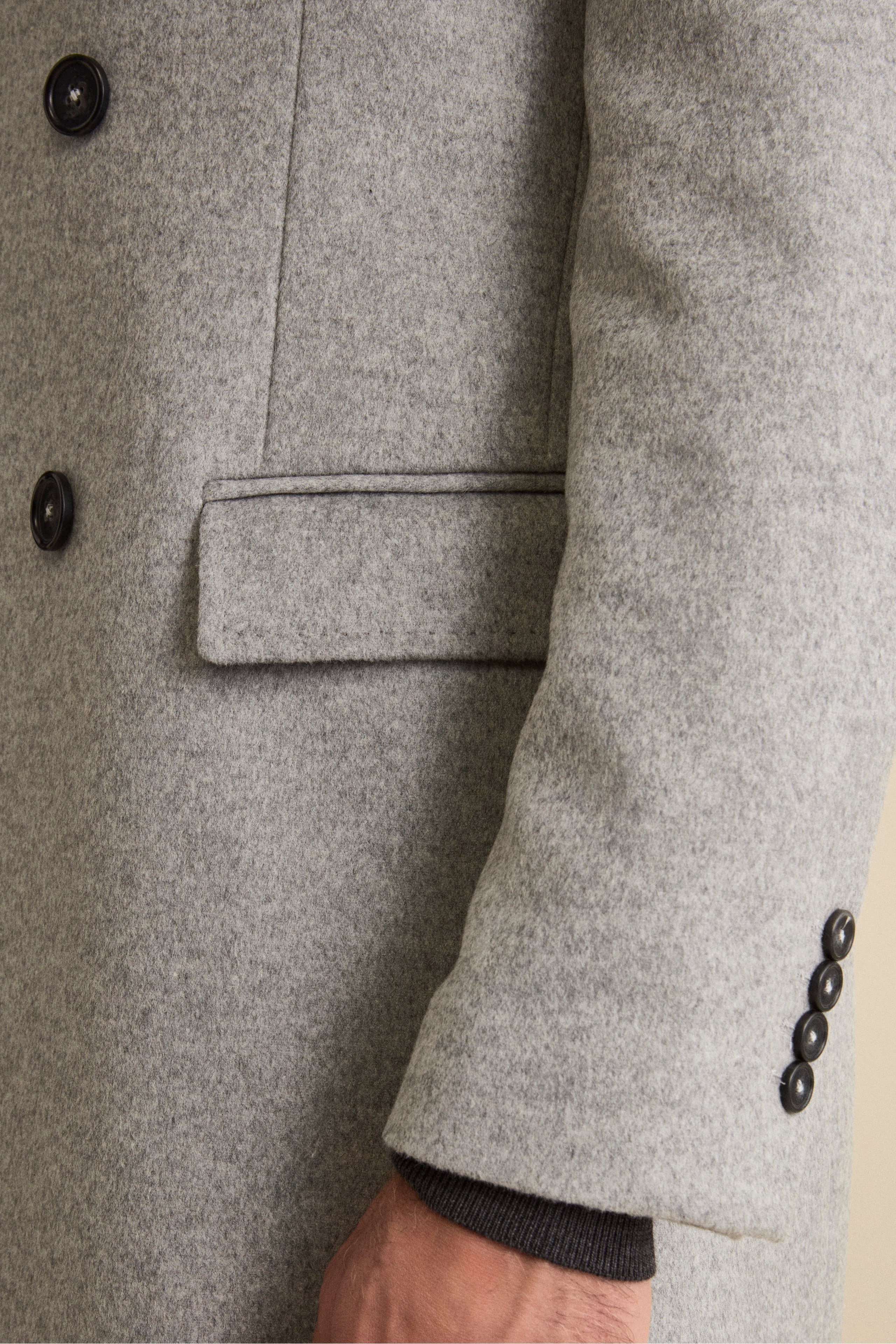 Midi Double-Breasted Coat in Wool and Cashmere Blend with Half-Belt - Light grey