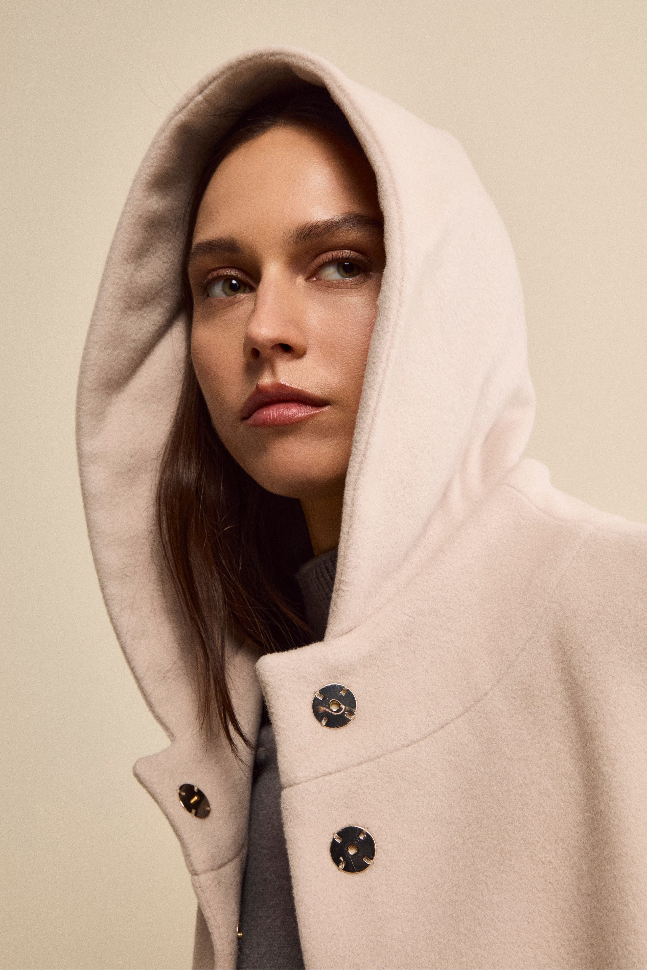 Wool and Cashmere Cape with Hood and Lining - ALMOND