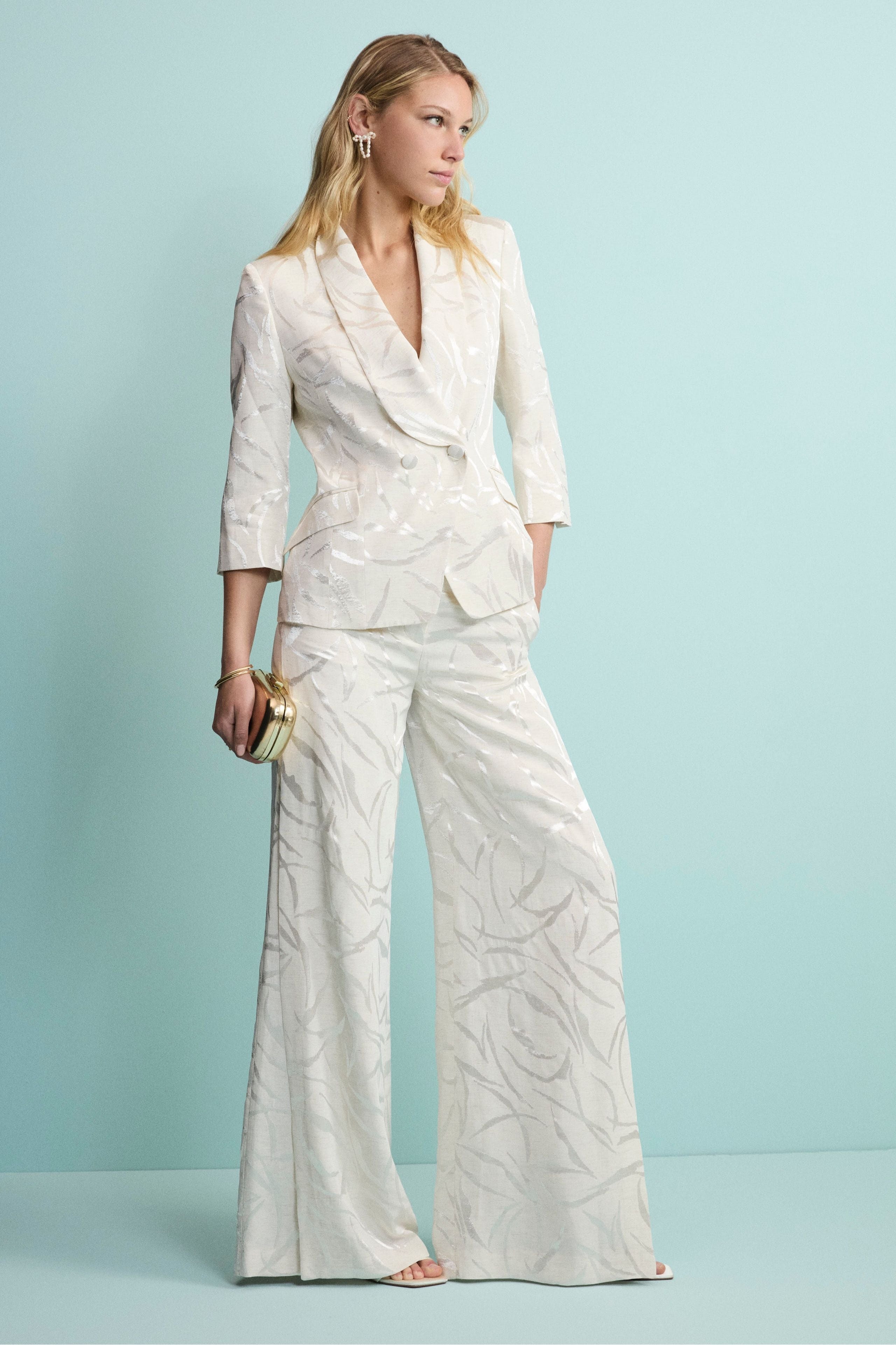 Giacca Doppiopetto Damascata in Misto Lino - ECRU