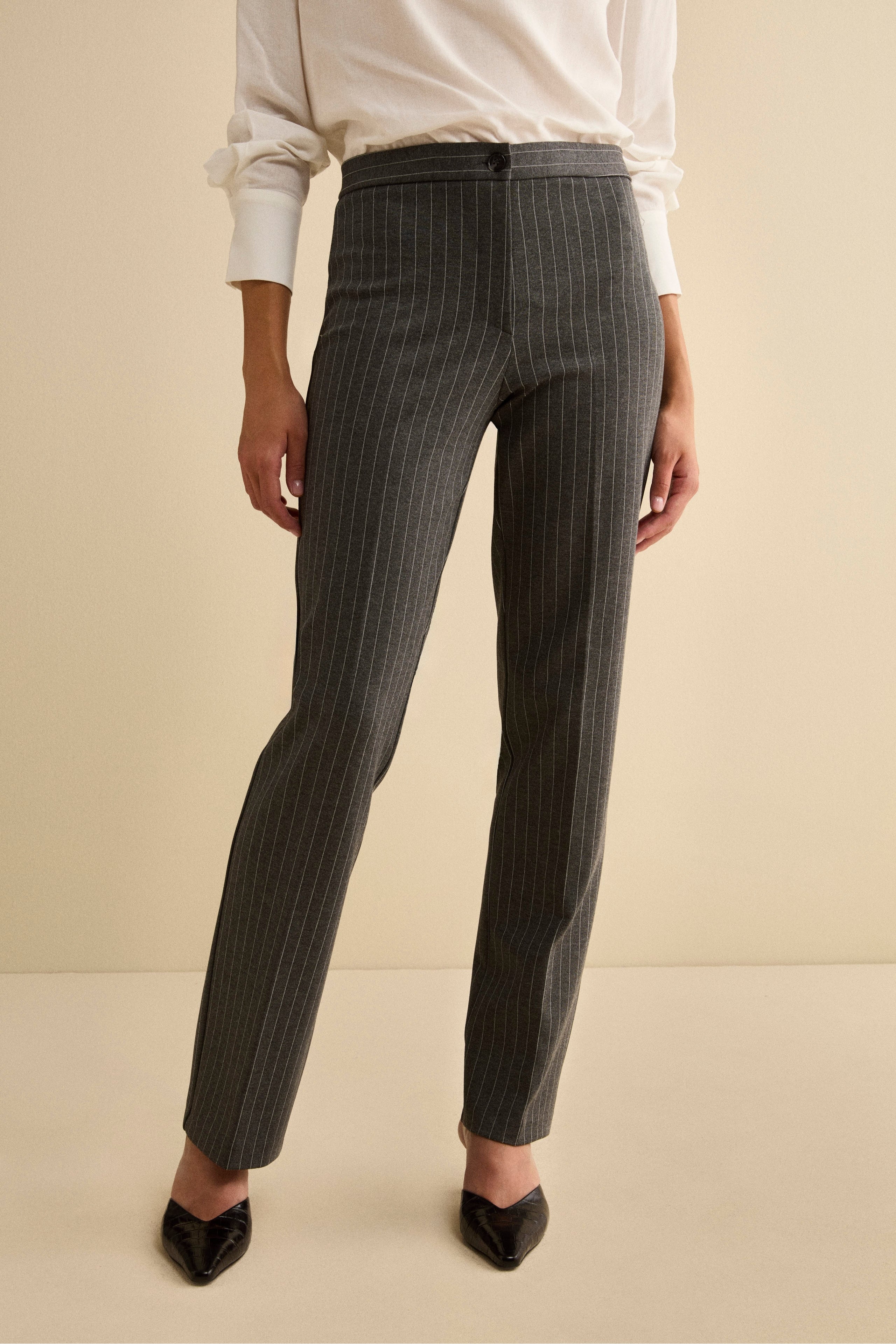 Pinstripe Single-Breasted Suit with Classic Lapel - Grey pinstripe