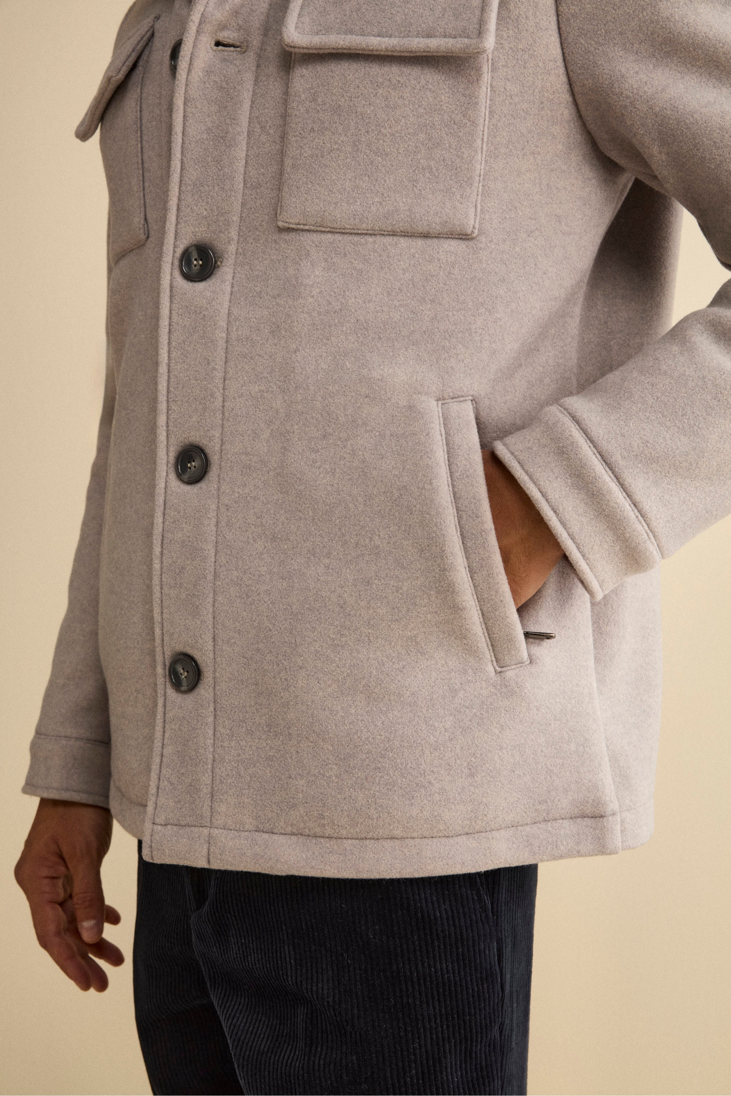 Short Wool-Blend Coat with Removable Bib - Light grey