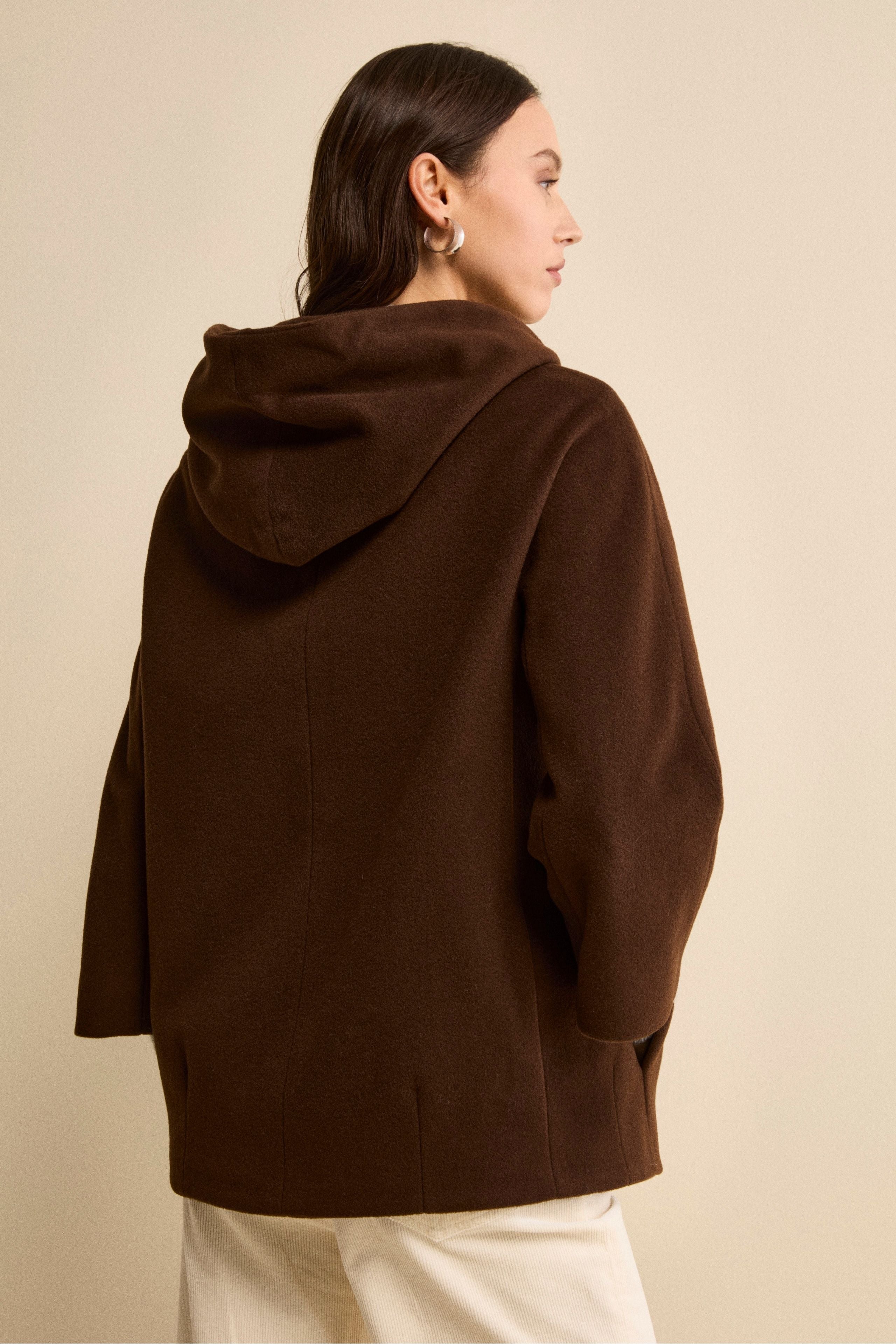 Wool and Cashmere Cape with Hood and Lining - brown