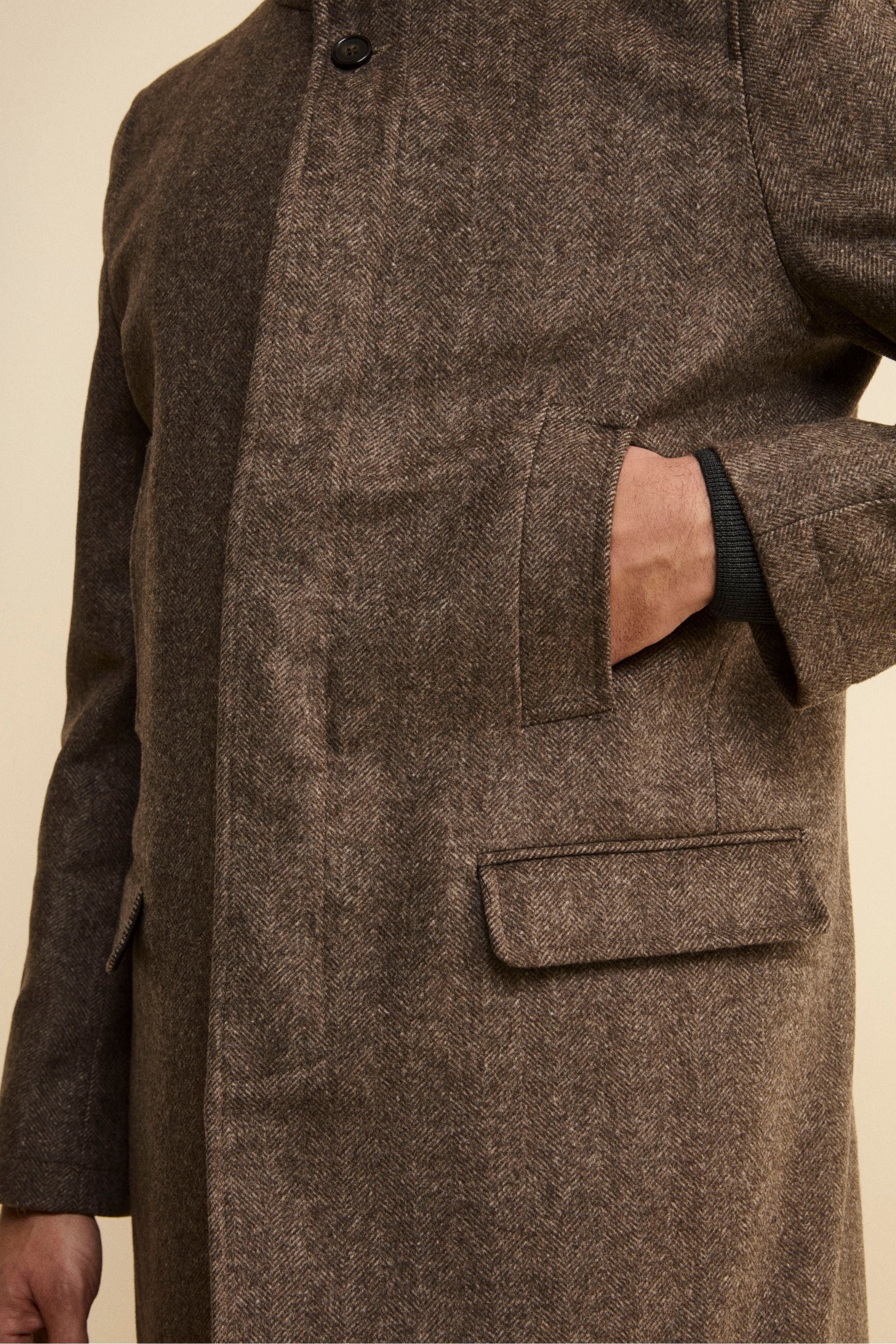 Herringbone Midi Coat in Wool and Cashmere Blend - BROWN MELANGE