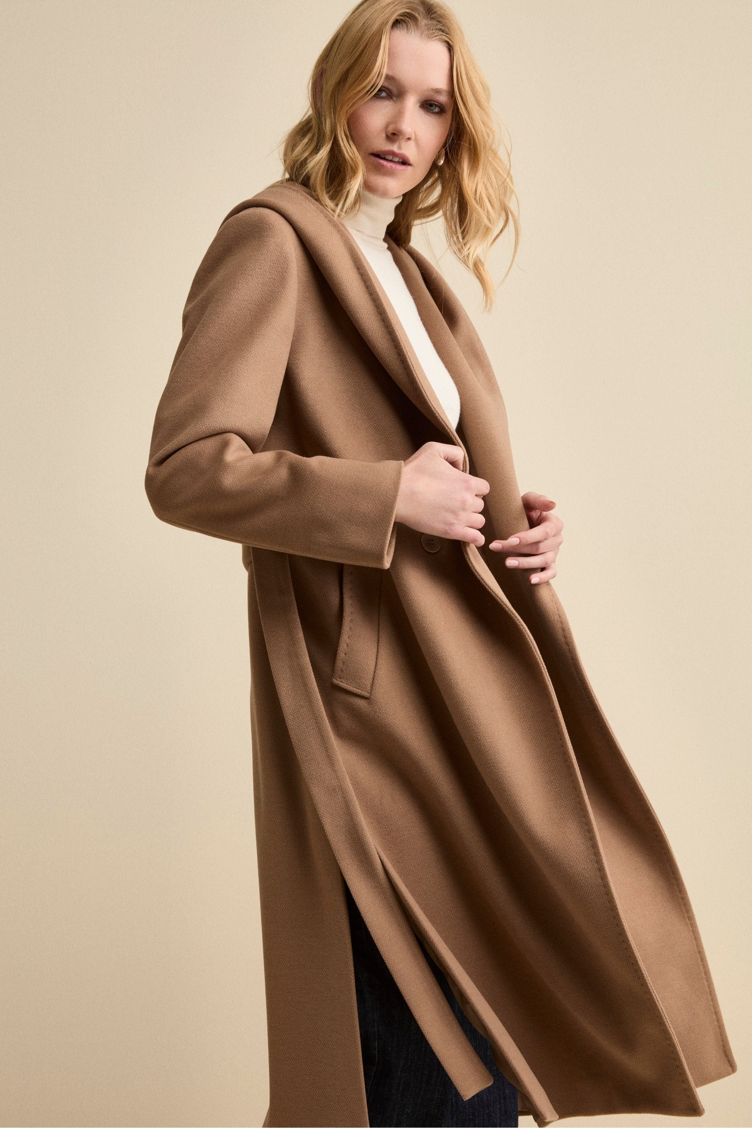 Long Belted Coat with Hood - Camel