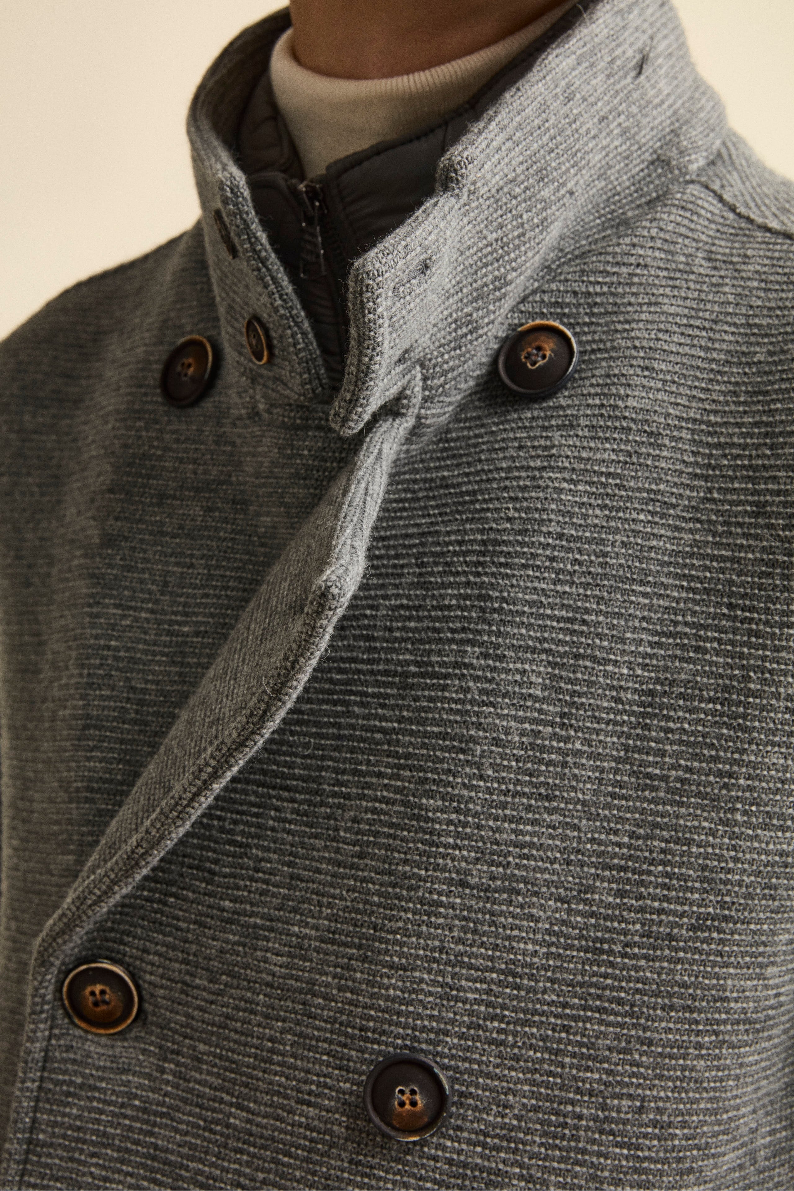 Wool-Blend Double-Breasted Peacoat with Bib - Grey melange