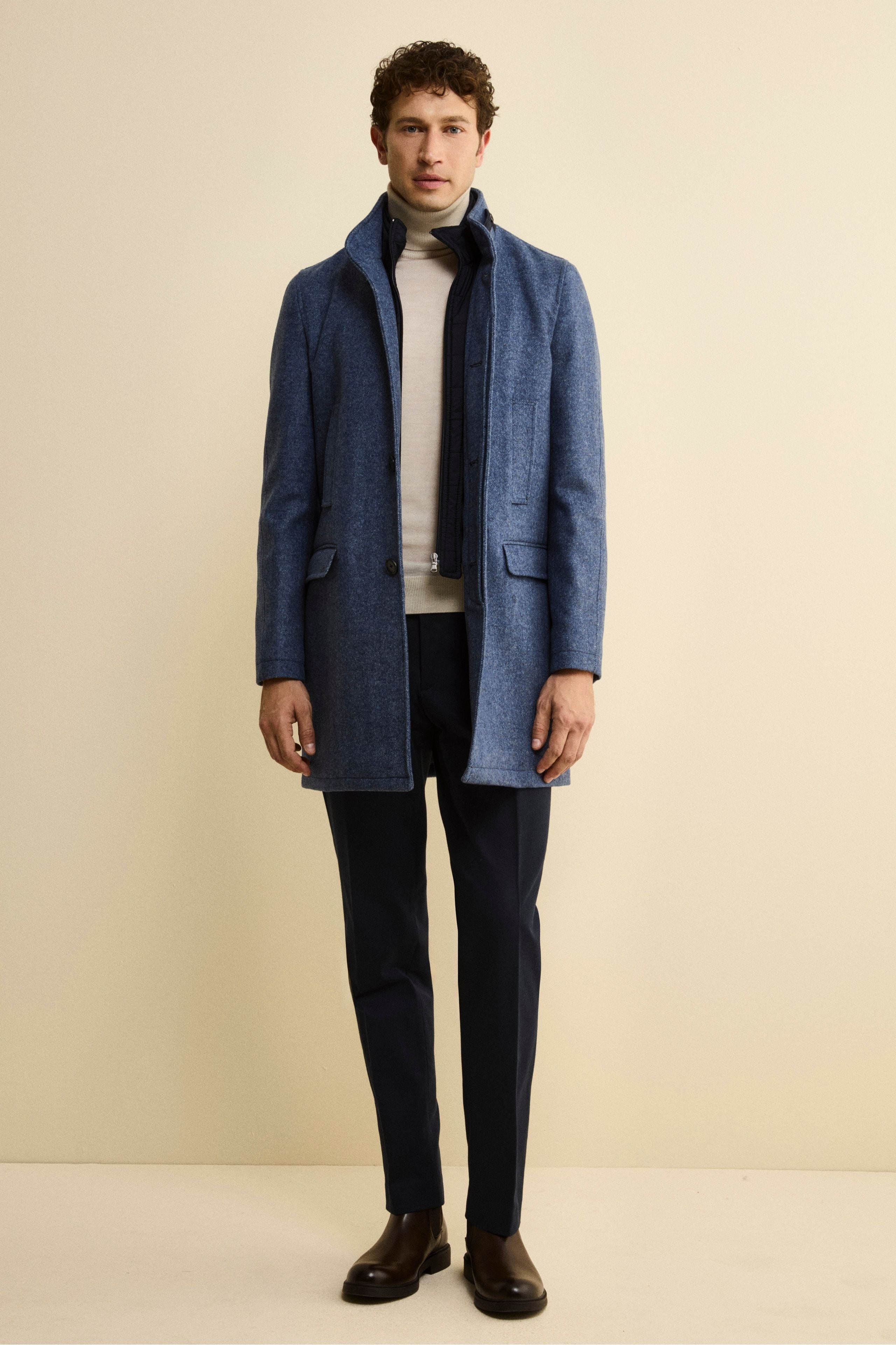 Herringbone Midi Coat in Wool and Cashmere Blend - LIGHT BLUE MELANGE