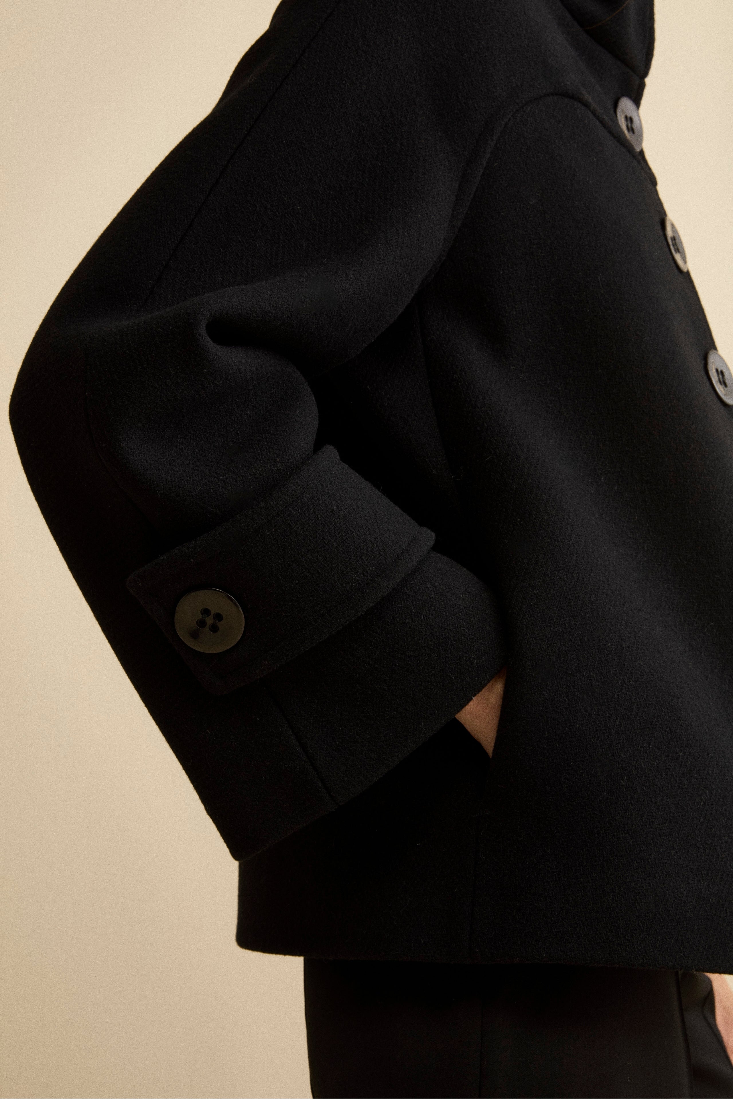 Short Wool Blend Coat with Bell Sleeves - BLACK