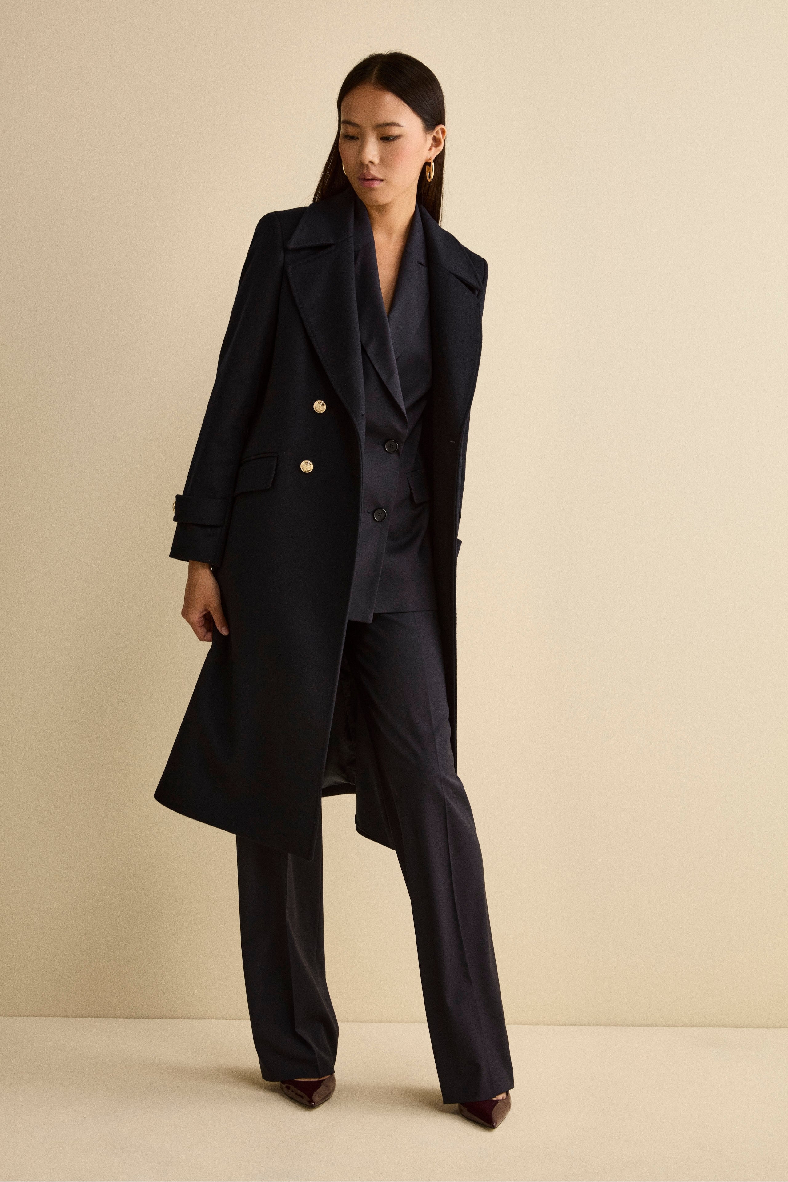 Long Double-Breasted Coat in Wool and Cashmere Blend - BLUE