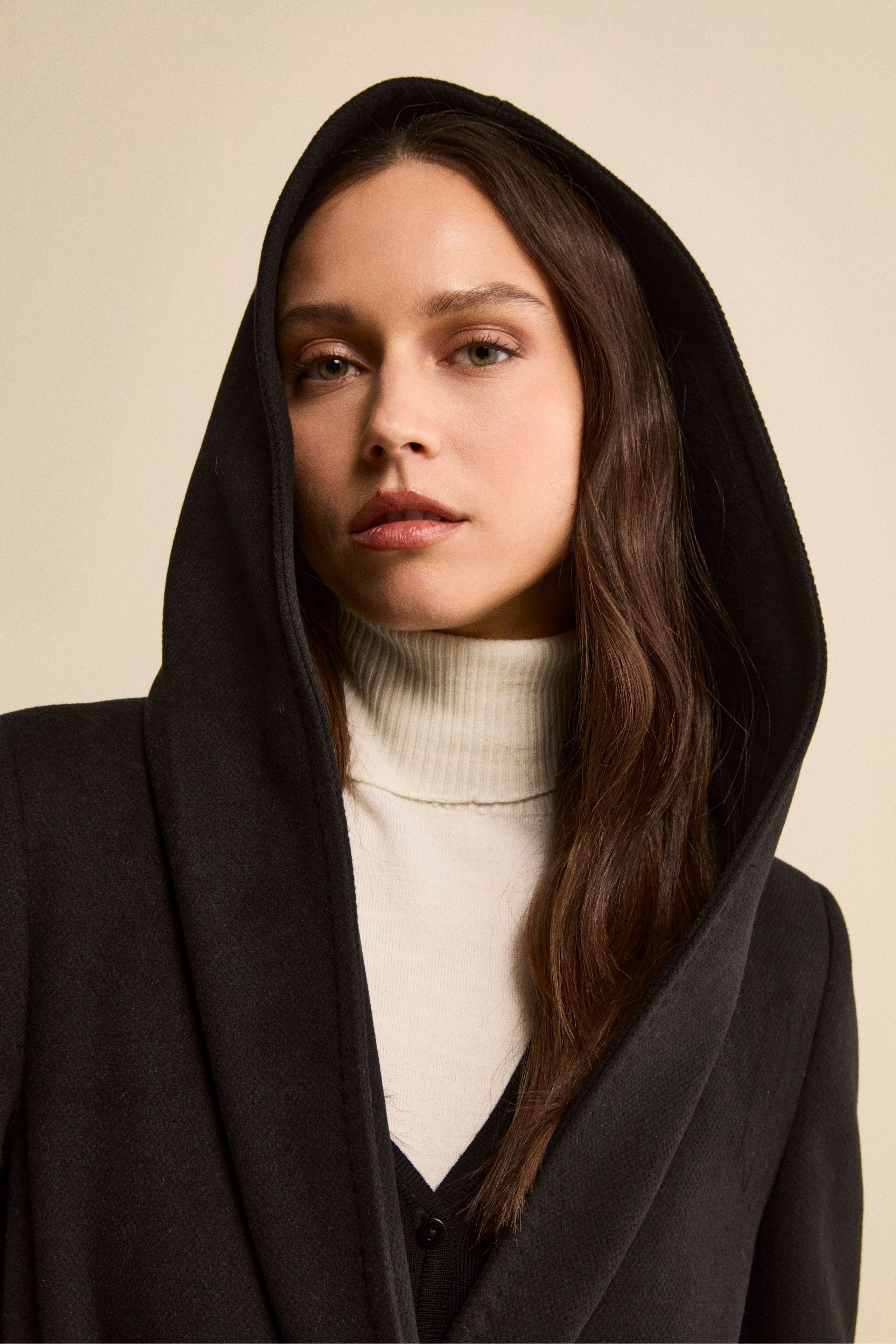 Long Belted Coat with Hood - BLACK