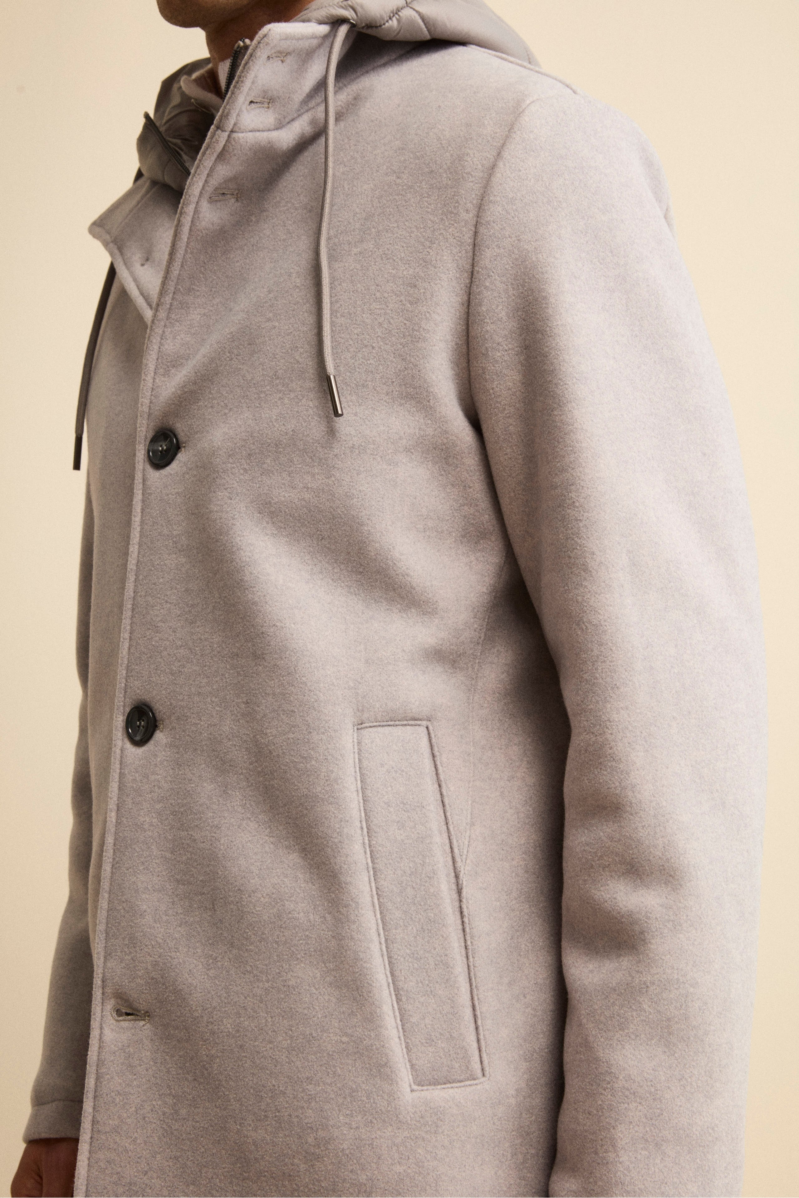 Wool Blend Coat with Removable Hood - Light grey