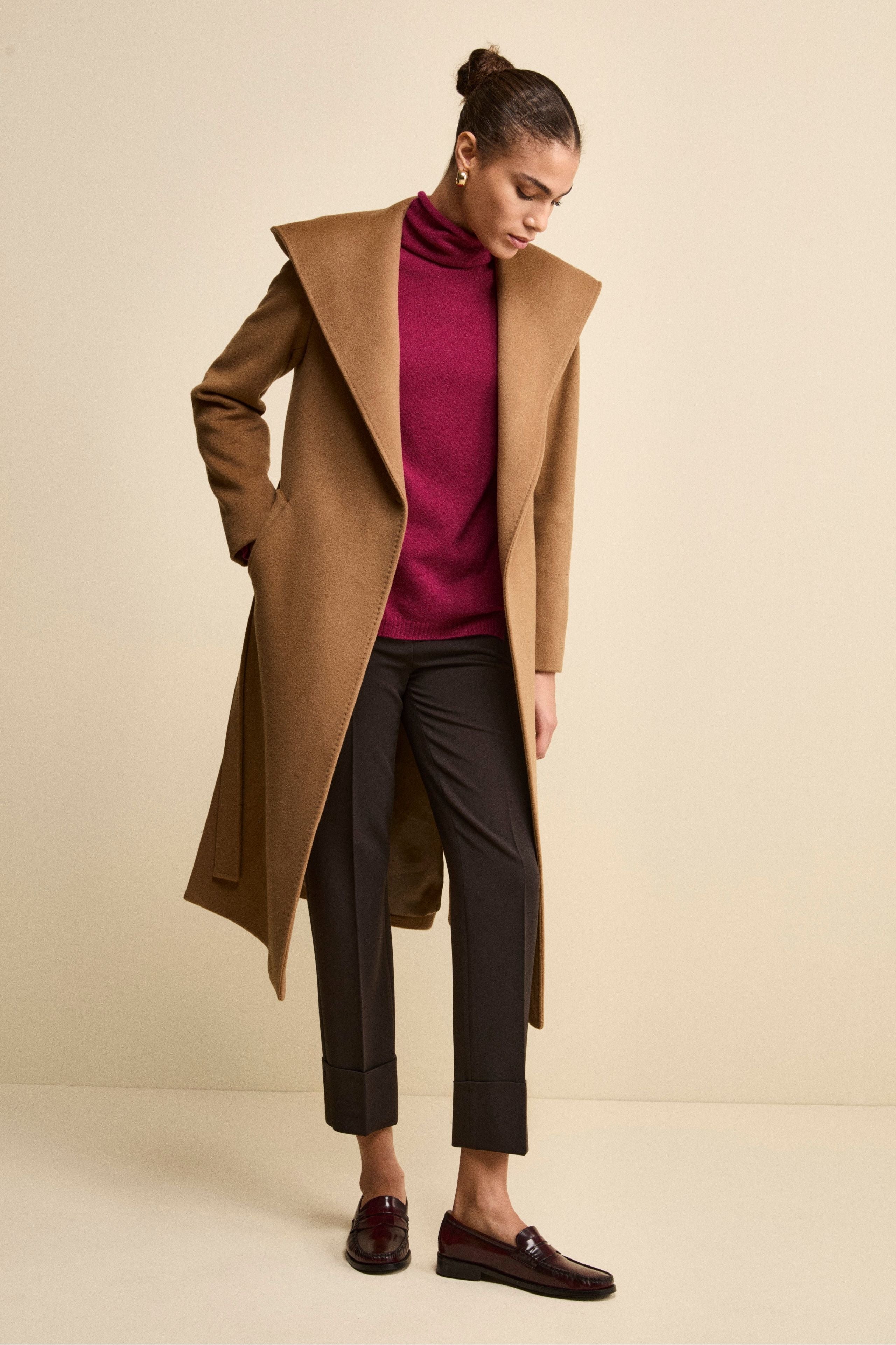 Long Coat in Wool and Cashmere with Hood - Camel