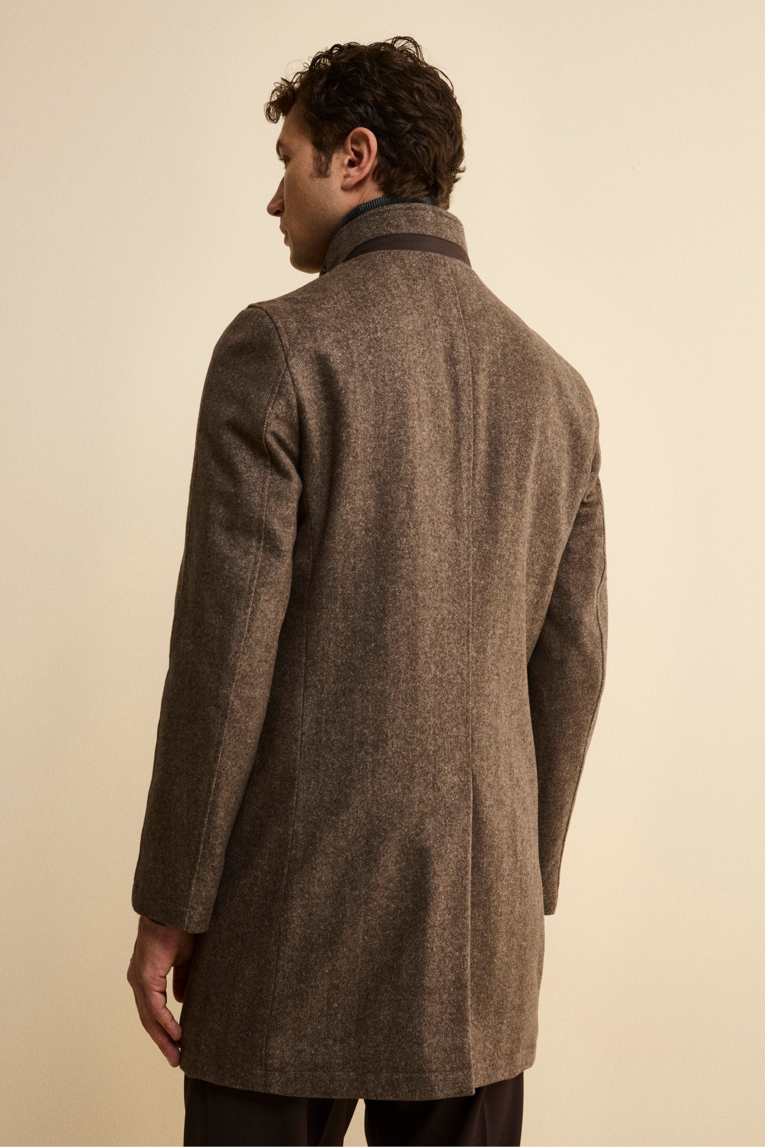 Herringbone Midi Coat in Wool and Cashmere Blend - BROWN MELANGE