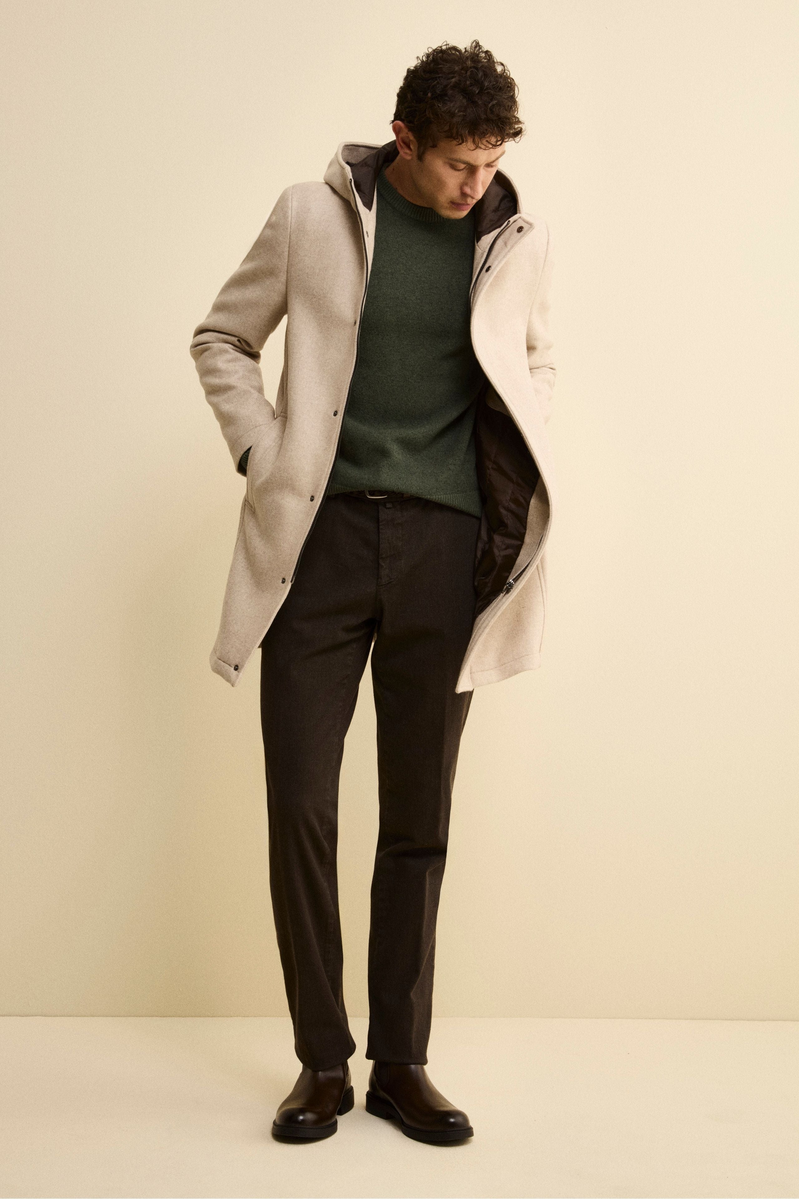 Twill Wool Blend Coat with Zip and Hood - gray