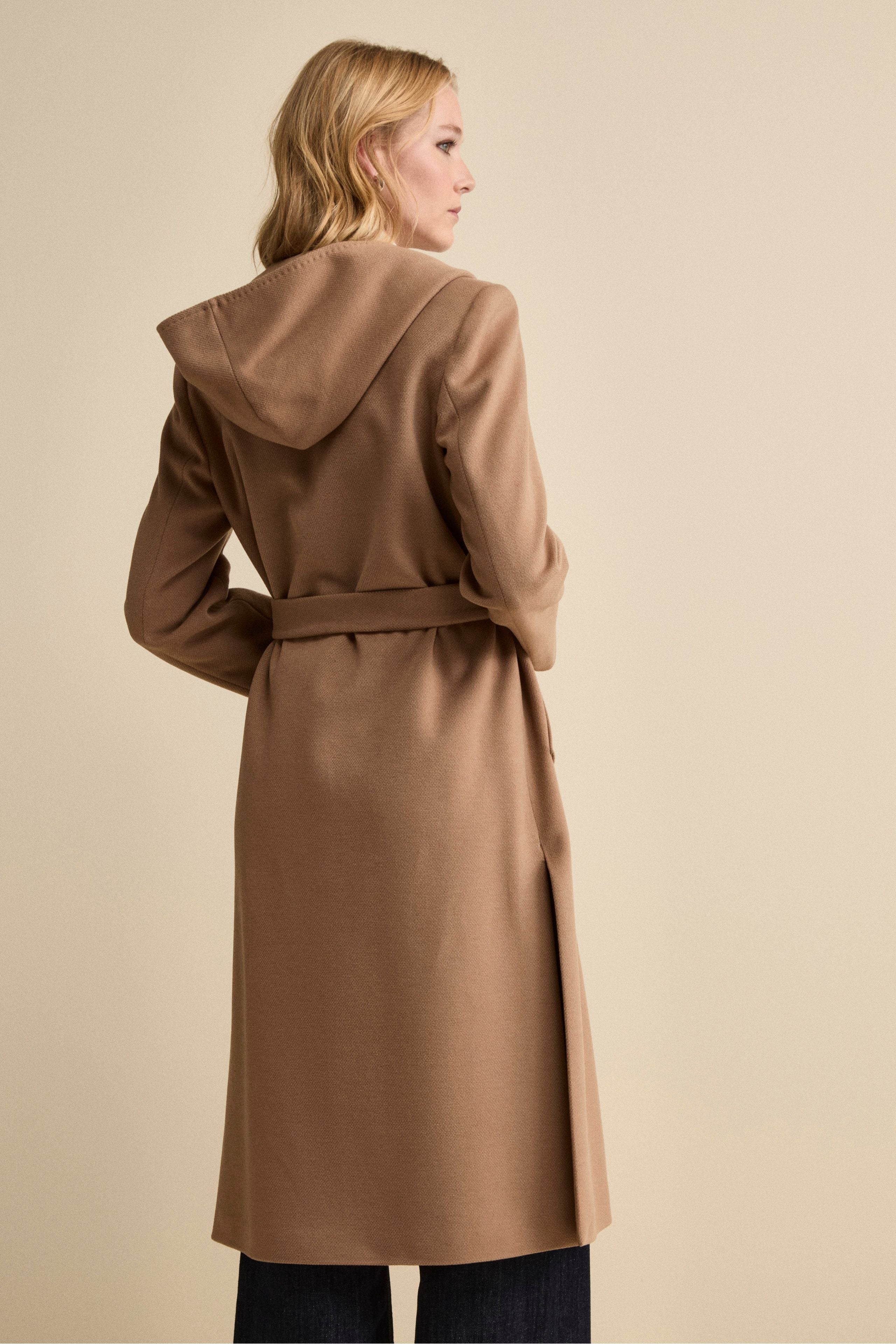 Long Belted Coat with Hood - Camel