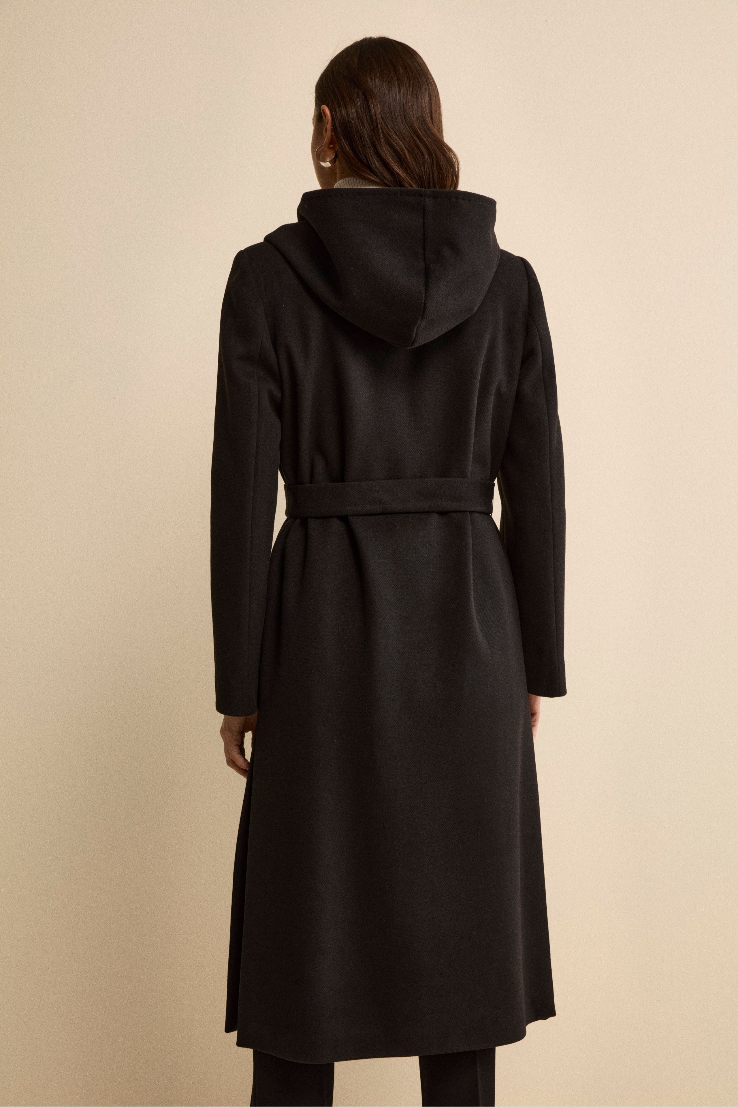 Long Belted Coat with Hood - BLACK