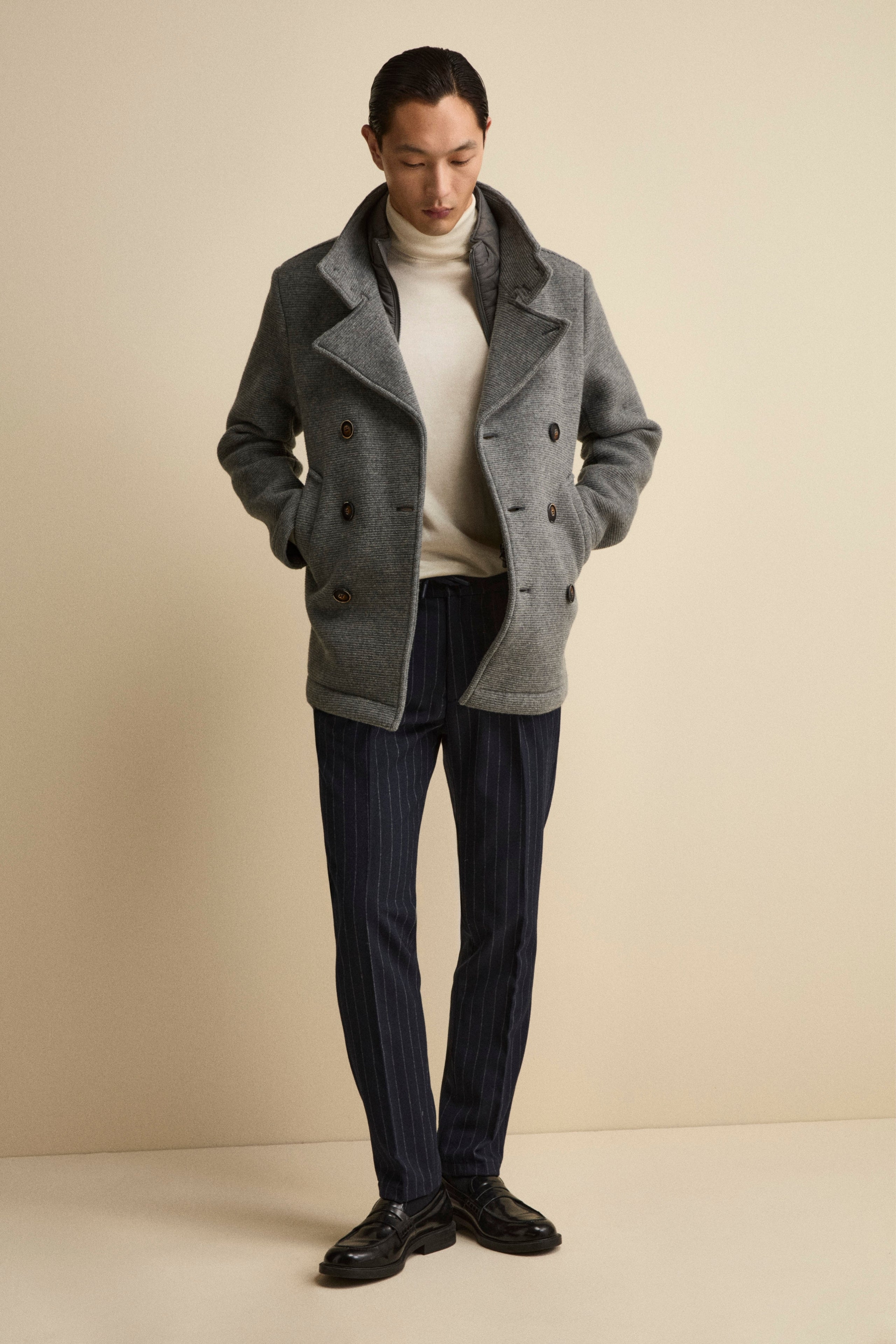 Wool-Blend Double-Breasted Peacoat with Bib - Grey melange